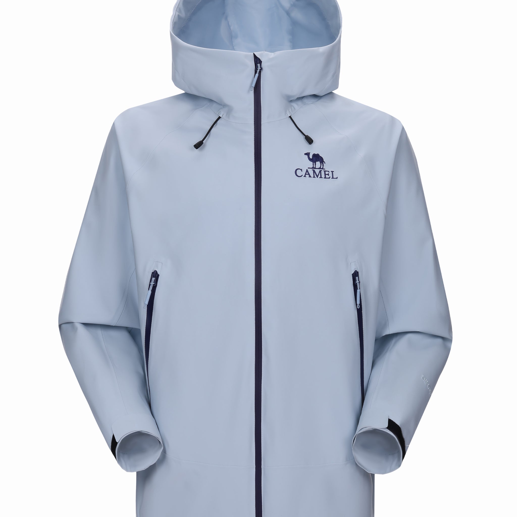 Camel Interstellar Traverse Shell Jacket in sky blue color, built for rain with breathable fabric and outdoor construction