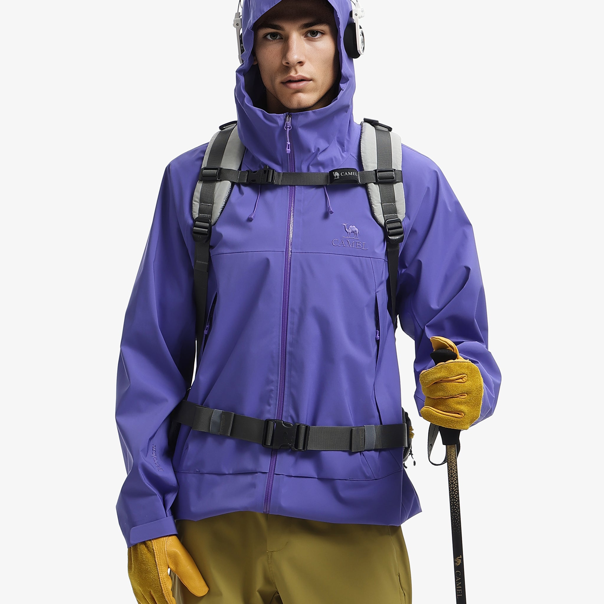 Front view of Camel Interstellar Traverse Toray Dermizax® Hardshell Jacket featuring 3-layer construction for alpine use