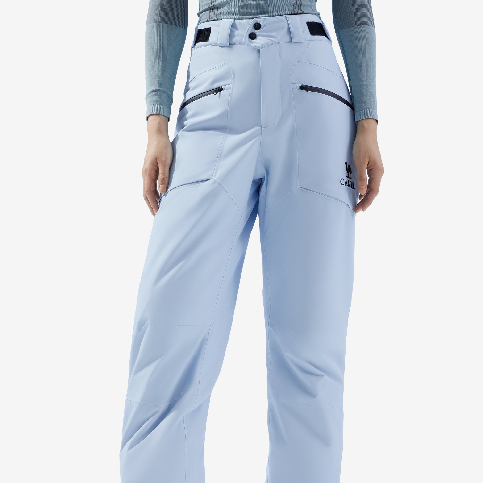 Front view of Camel TPU Snowboard Pants built with TPU membrane, high waterproof rating for snowboarding and winter travel