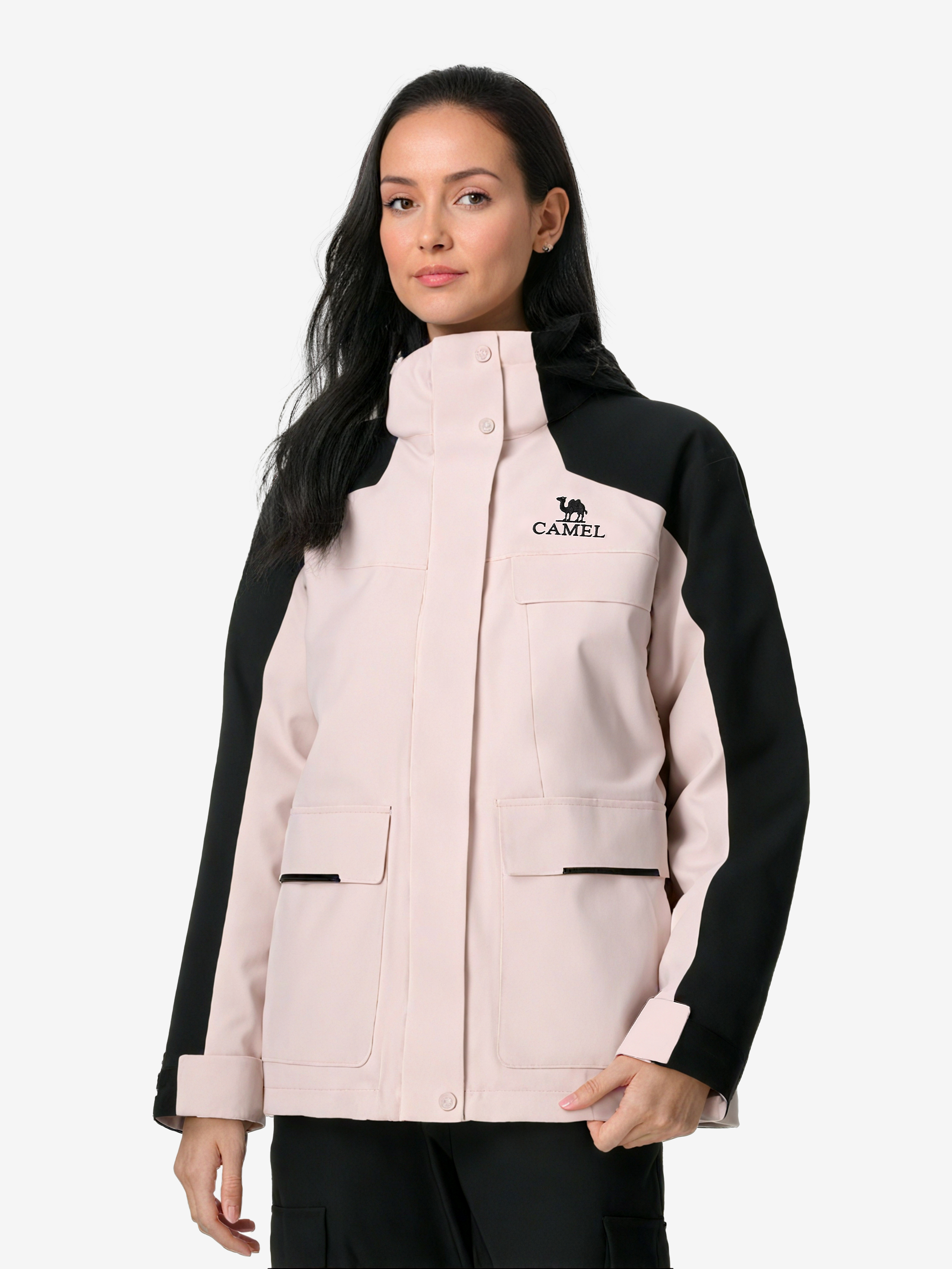 Front view of Camel Women’s 3-in-1 Arctic Sentinel Elite Jacket, duck down warmth and waterproof shell for city and trail