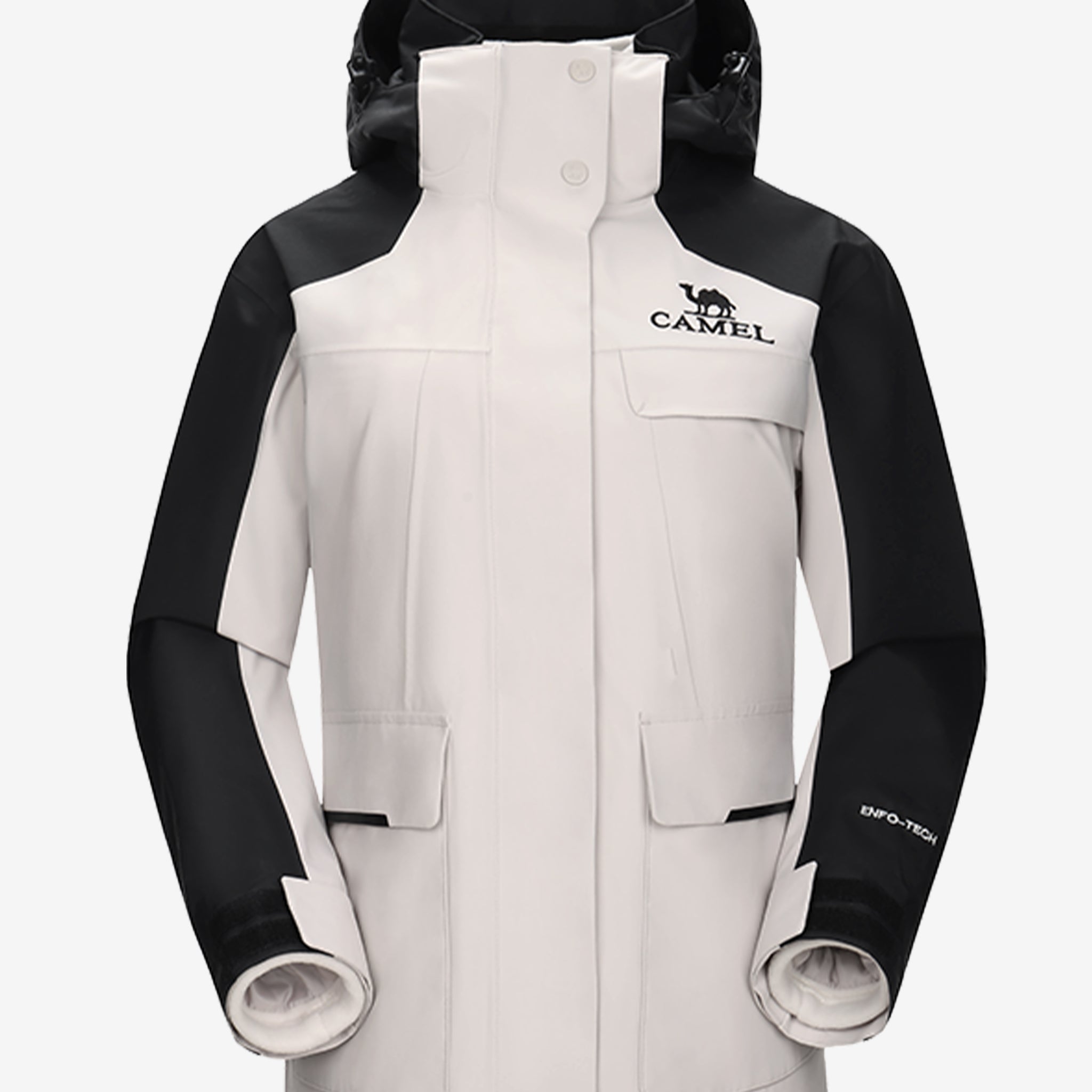 Camel Women’s 3-in-1 Arctic Sentinel Elite Jacket in color ivory & black, keep warmth and waterproof shell for city and trail