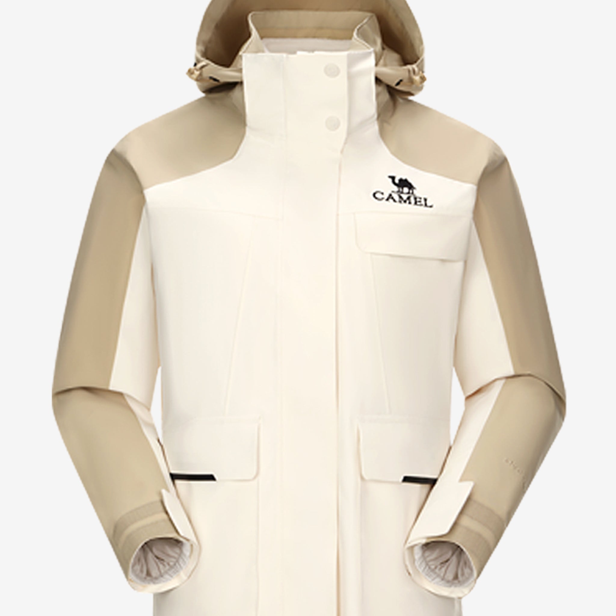 Camel Women’s 3-in-1 Arctic Sentinel Elite Jacket in color white & khaki, keep warmth and waterproof shell for city and trail