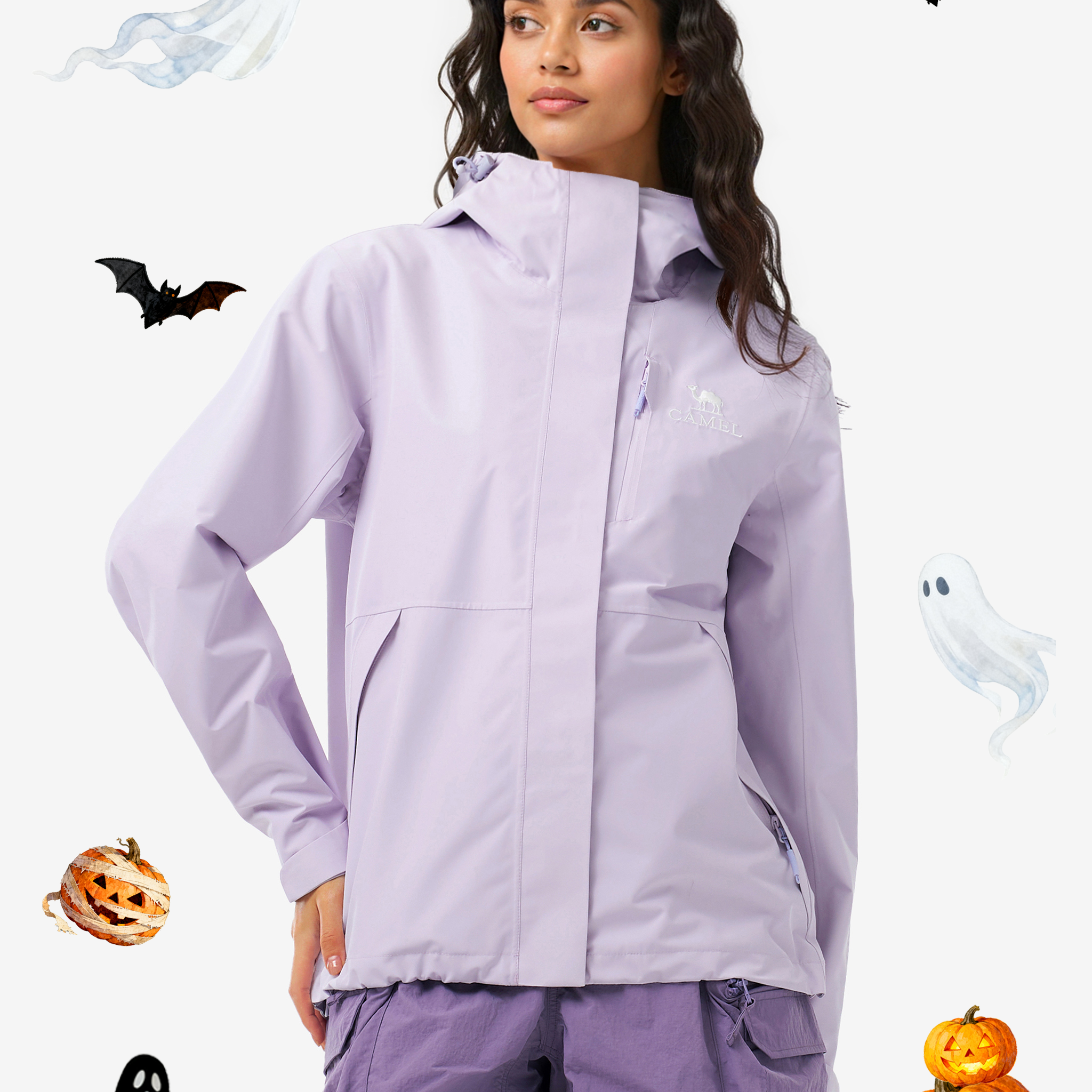 Front view of Camel Women’s Interstellar Lightweight Shell Jacket, highly waterproof, breathable, storm-ready hiking coat