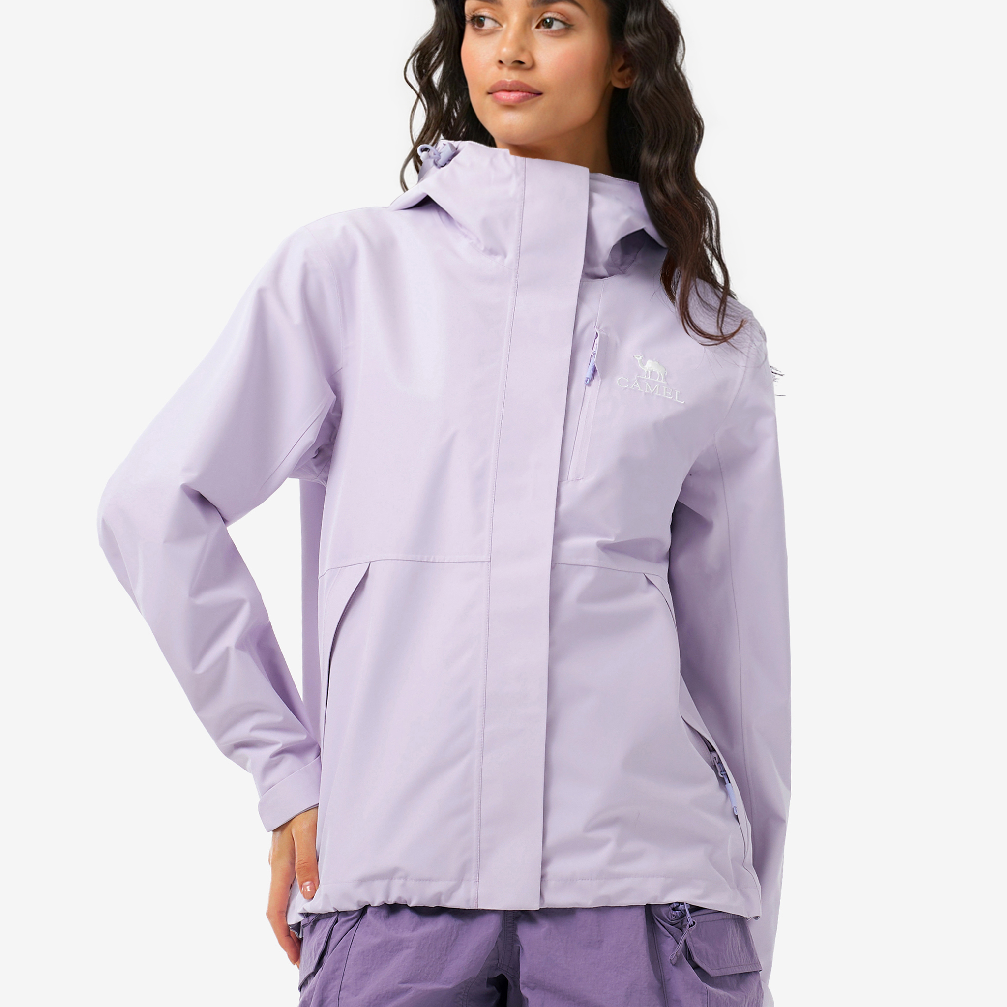 Front view of Camel Women’s Interstellar Lightweight Shell Jacket, highly waterproof, breathable, storm-ready hiking coat