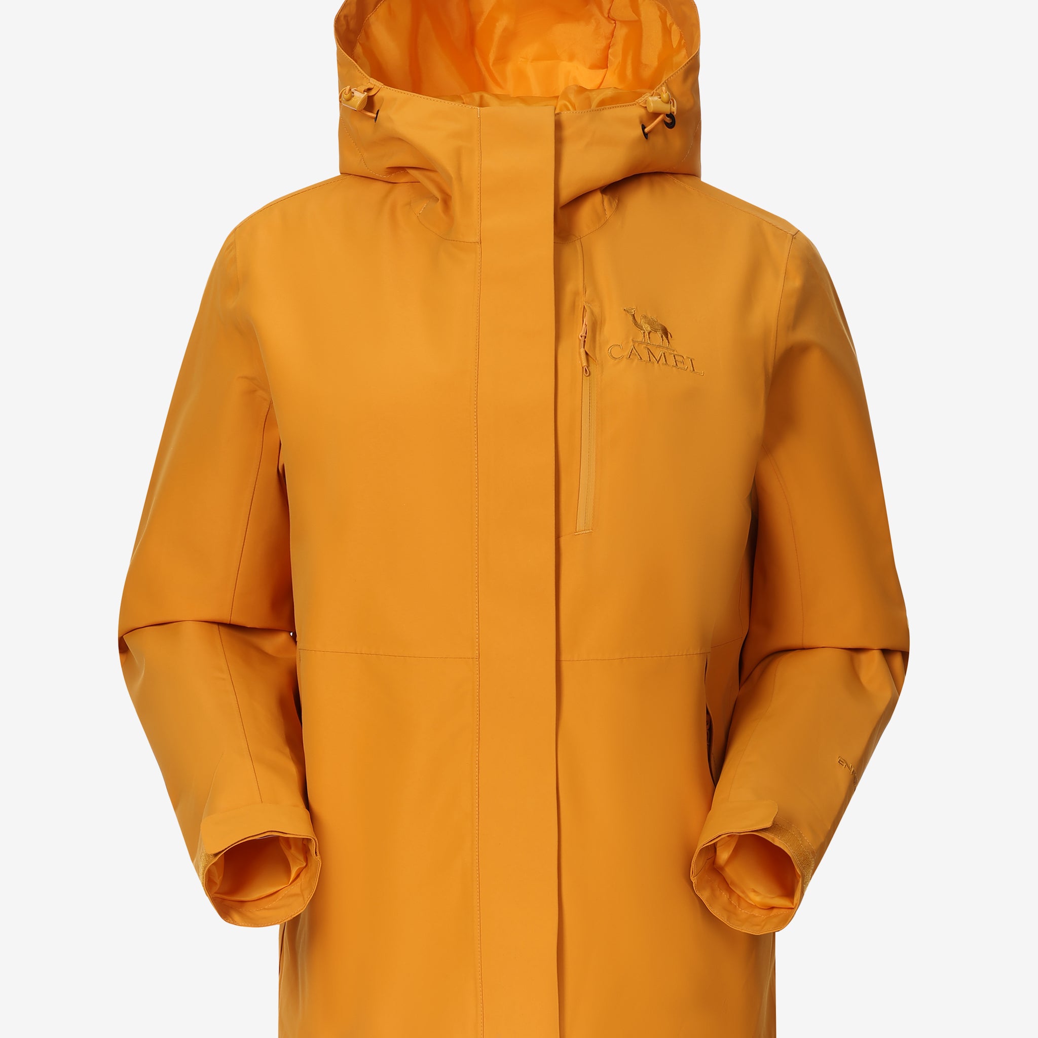 Camel Women’s Interstellar Lightweight Shell Jacket in orange color, highly waterproof, breathable, storm-ready hiking coat