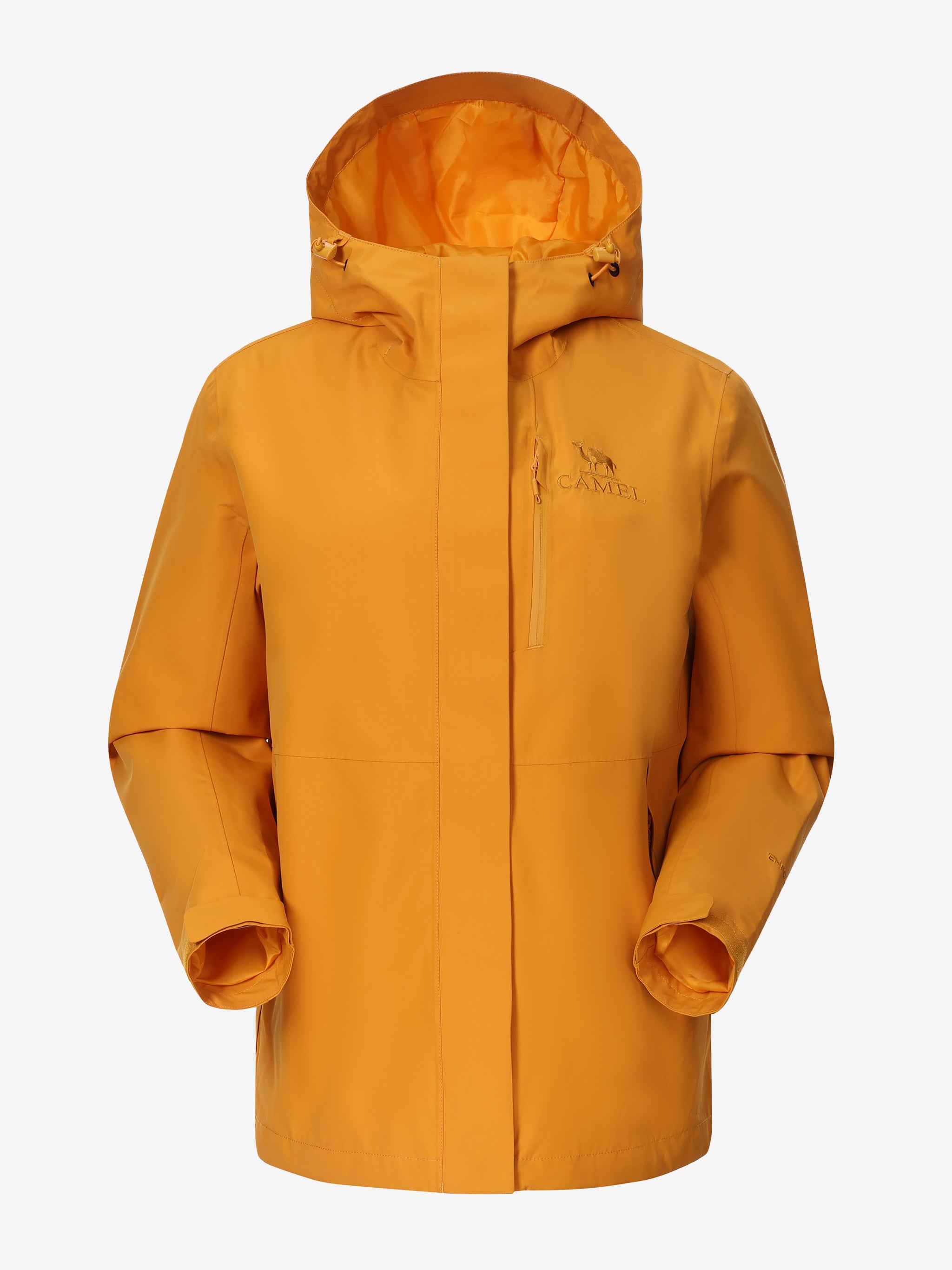 Camel Women’s Interstellar Lightweight Shell Jacket in orange color, highly waterproof, breathable, storm-ready hiking coat