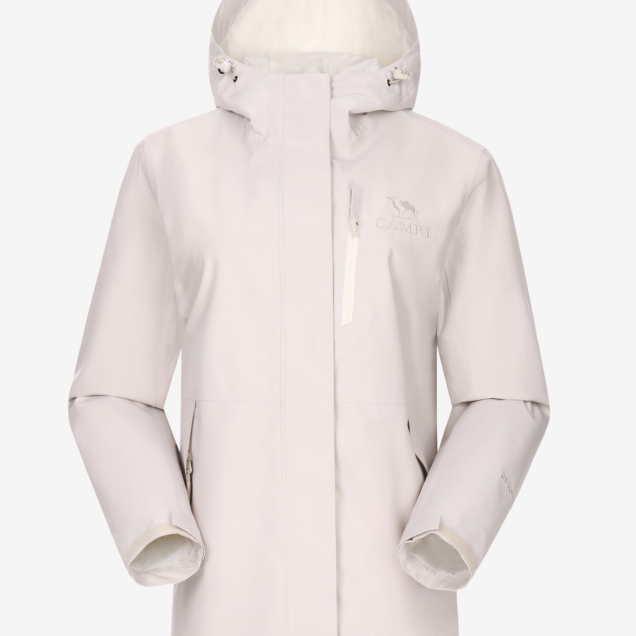 Camel Women’s Interstellar Lightweight Shell Jacket in white color, highly waterproof, breathable, storm-ready hiking coat