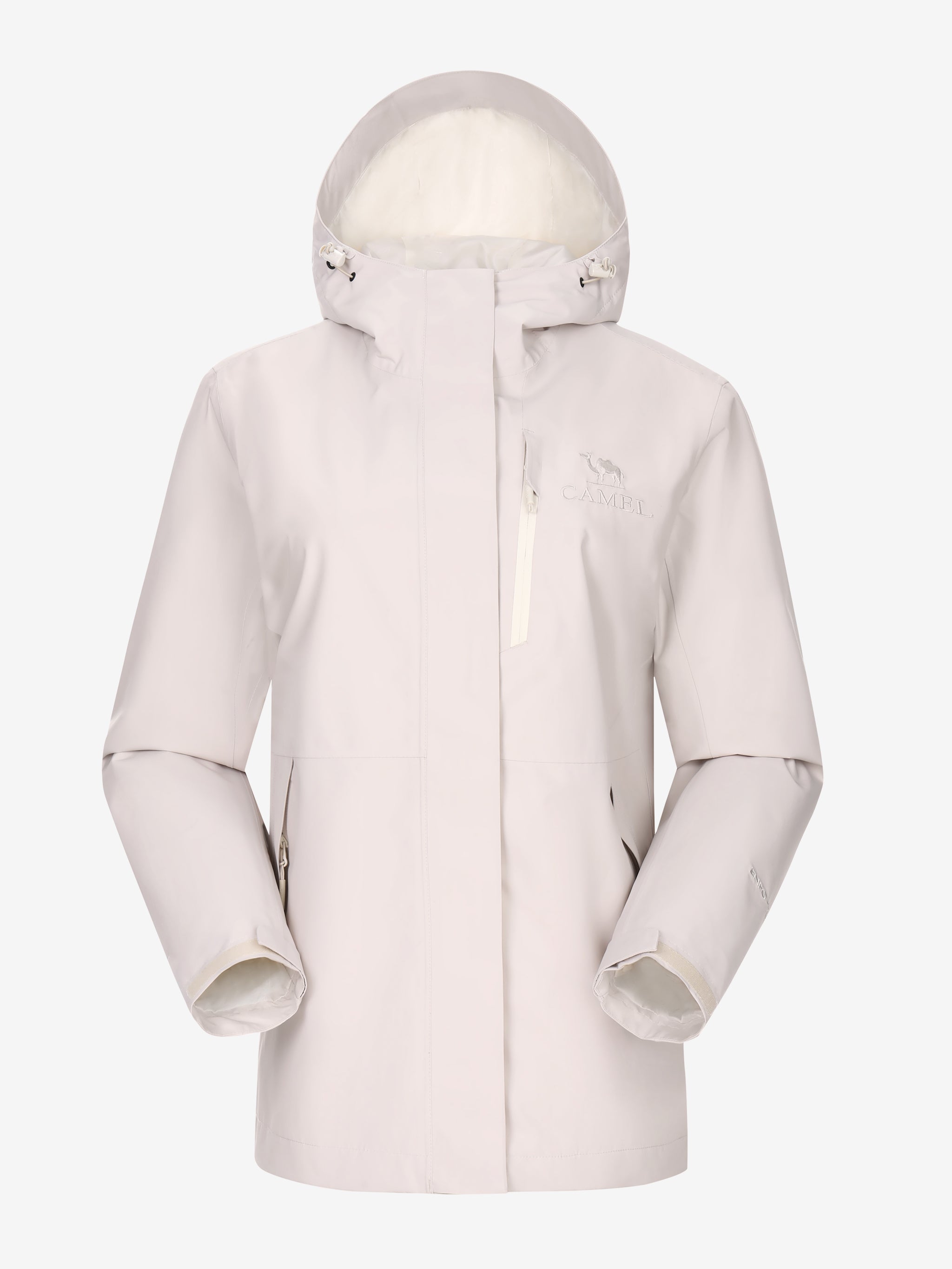 Camel Women’s Interstellar Lightweight Shell Jacket in white color, highly waterproof, breathable, storm-ready hiking coat