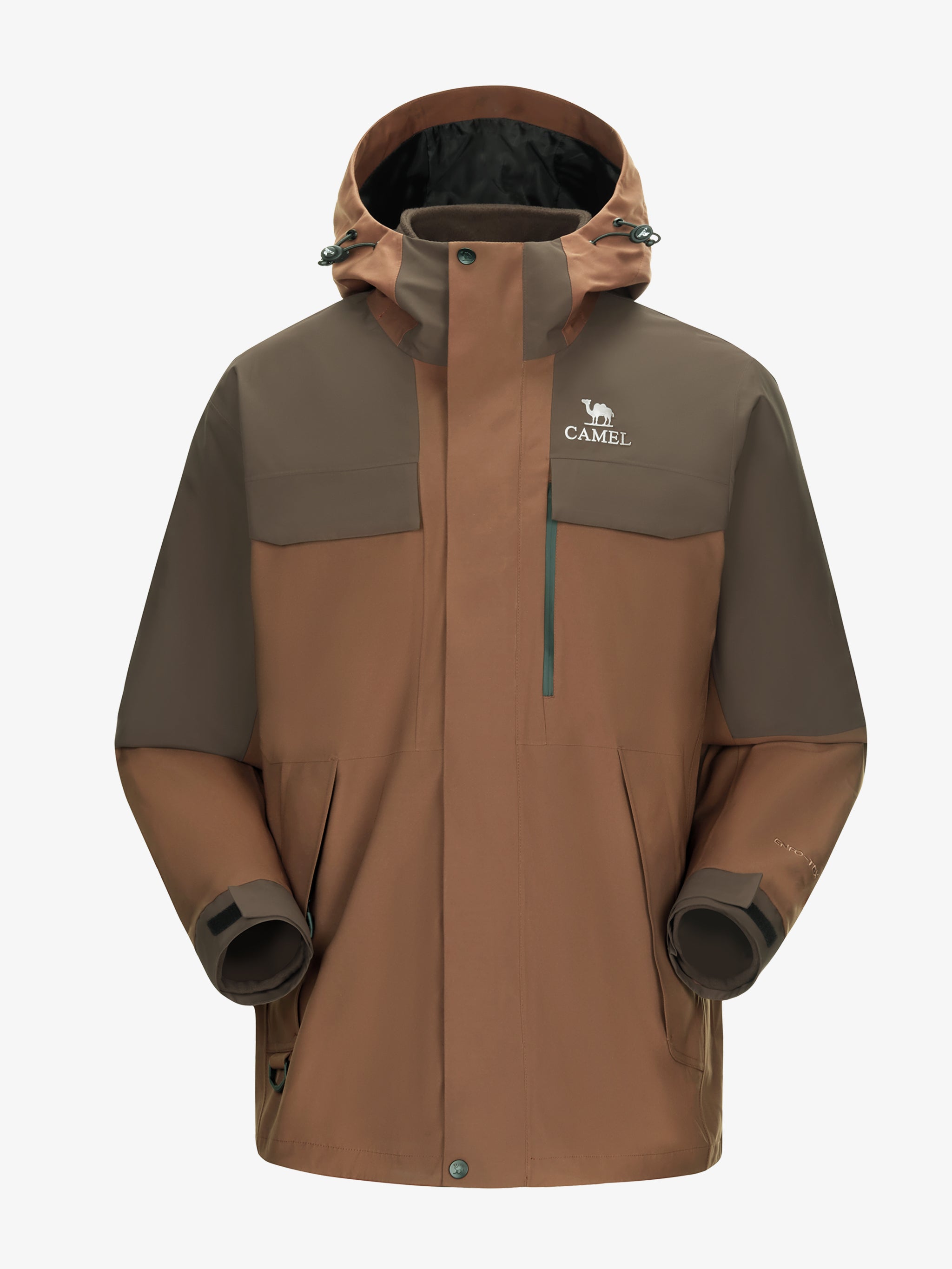 Camel Women’s Arctic Sentinel Paneled 3-in-1 Jacket in brown color, built with waterproof outer shell and warm fleece liner