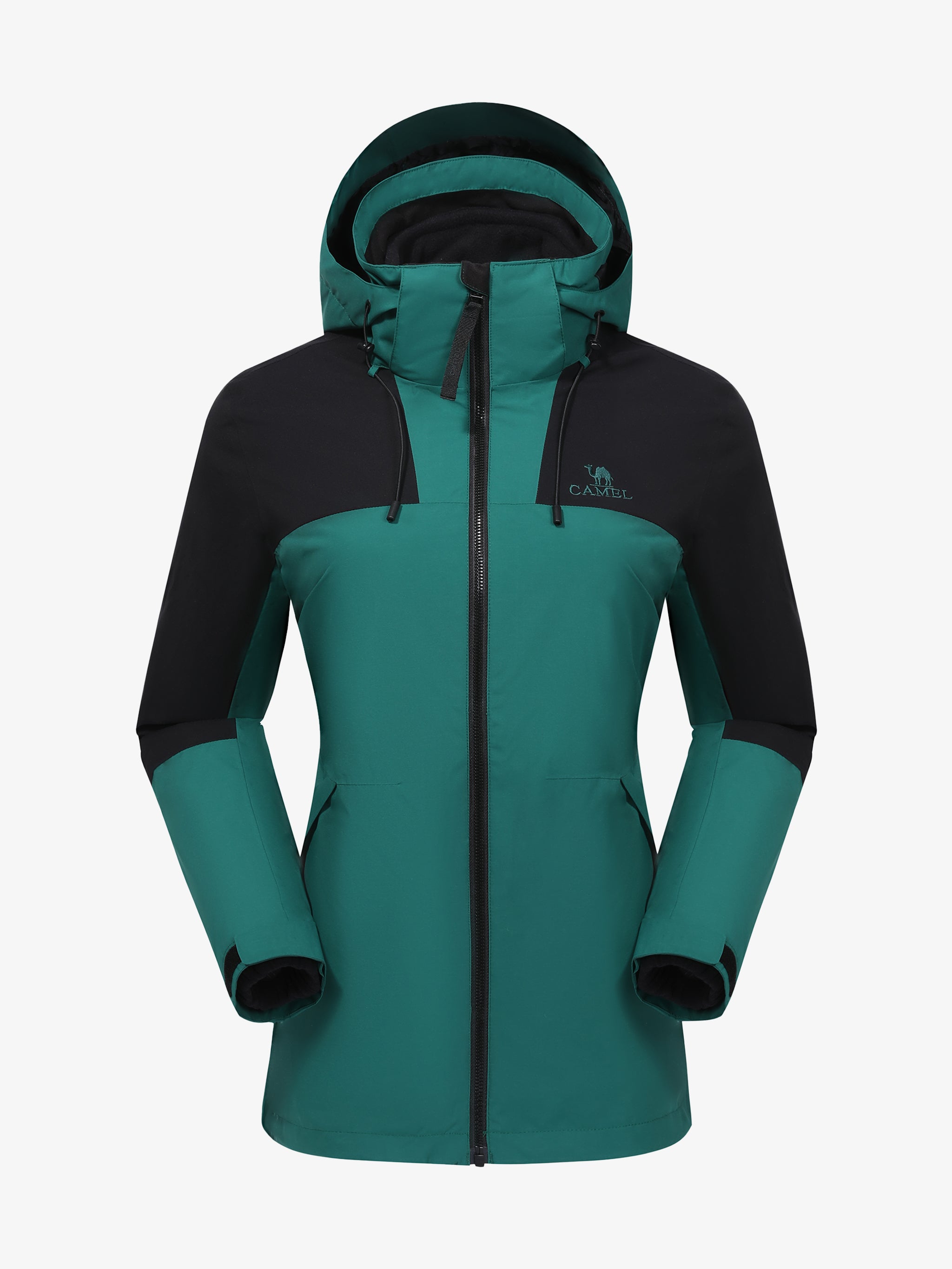 Camel Women’s Arctic Sentinel Paneled 3-in-1 Jacket in green & black, windproof breathable insulated for hiking, daily wear
