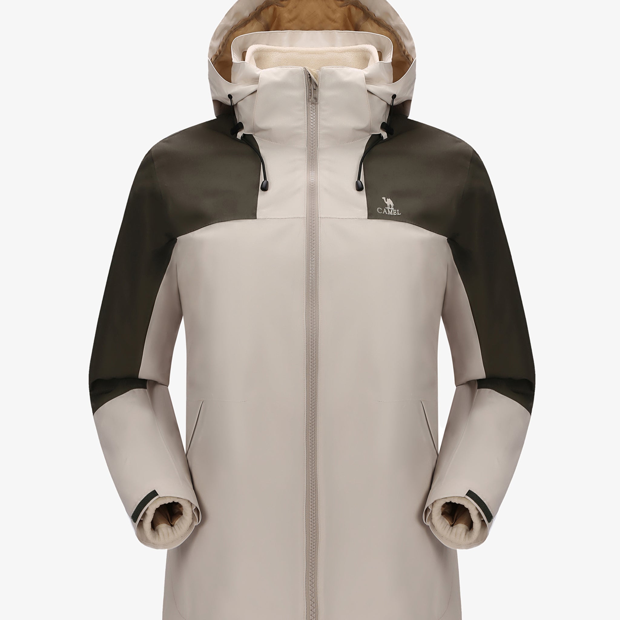 Camel Women’s Arctic Sentinel Paneled 3-in-1 Jacket in khaki & gray, windproof breathable insulated for hiking, daily wear