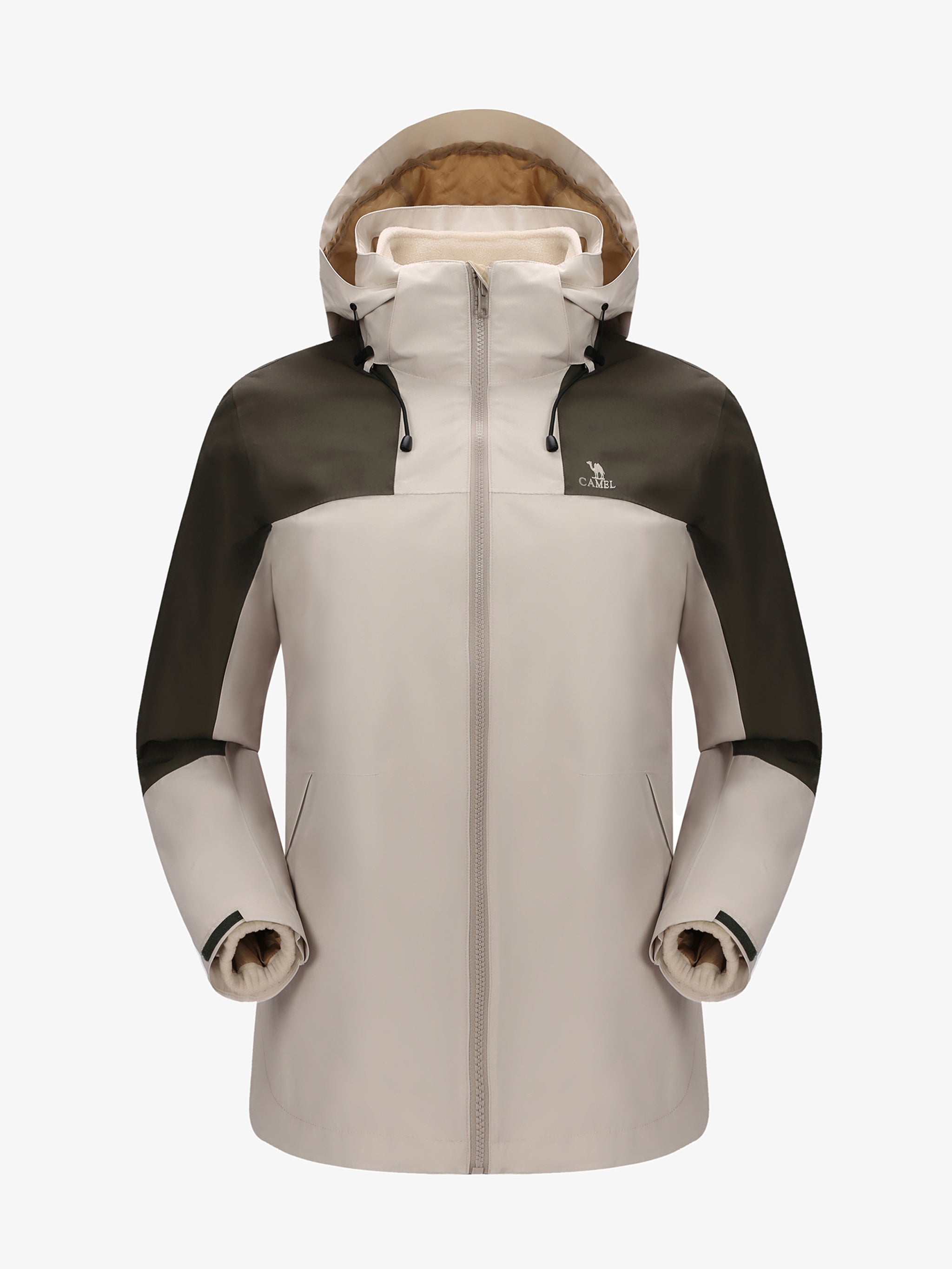 Camel Women’s Arctic Sentinel Paneled 3-in-1 Jacket in khaki & gray, windproof breathable insulated for hiking, daily wear