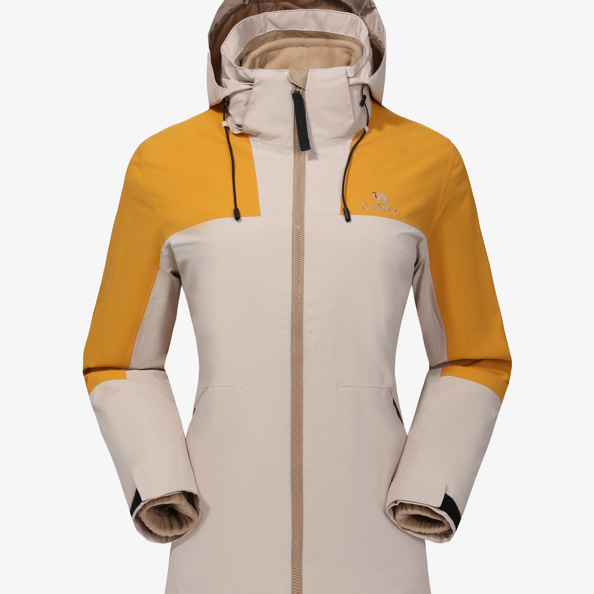 Camel Women’s Arctic Sentinel Paneled 3-in-1 Jacket in khaki & yellow, windproof breathable insulated for hiking, daily wear