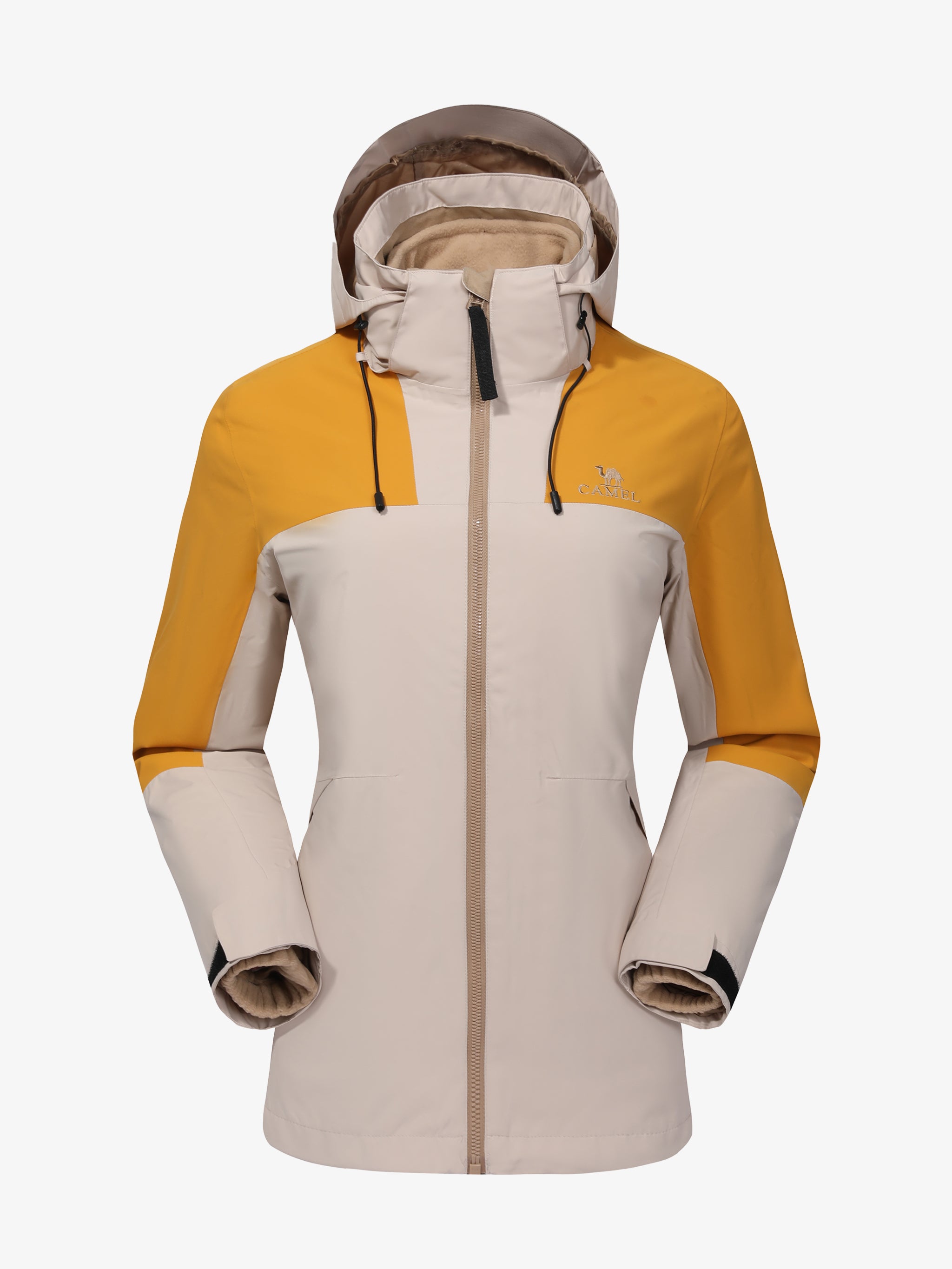 Camel Women’s Arctic Sentinel Paneled 3-in-1 Jacket in khaki & yellow, windproof breathable insulated for hiking, daily wear