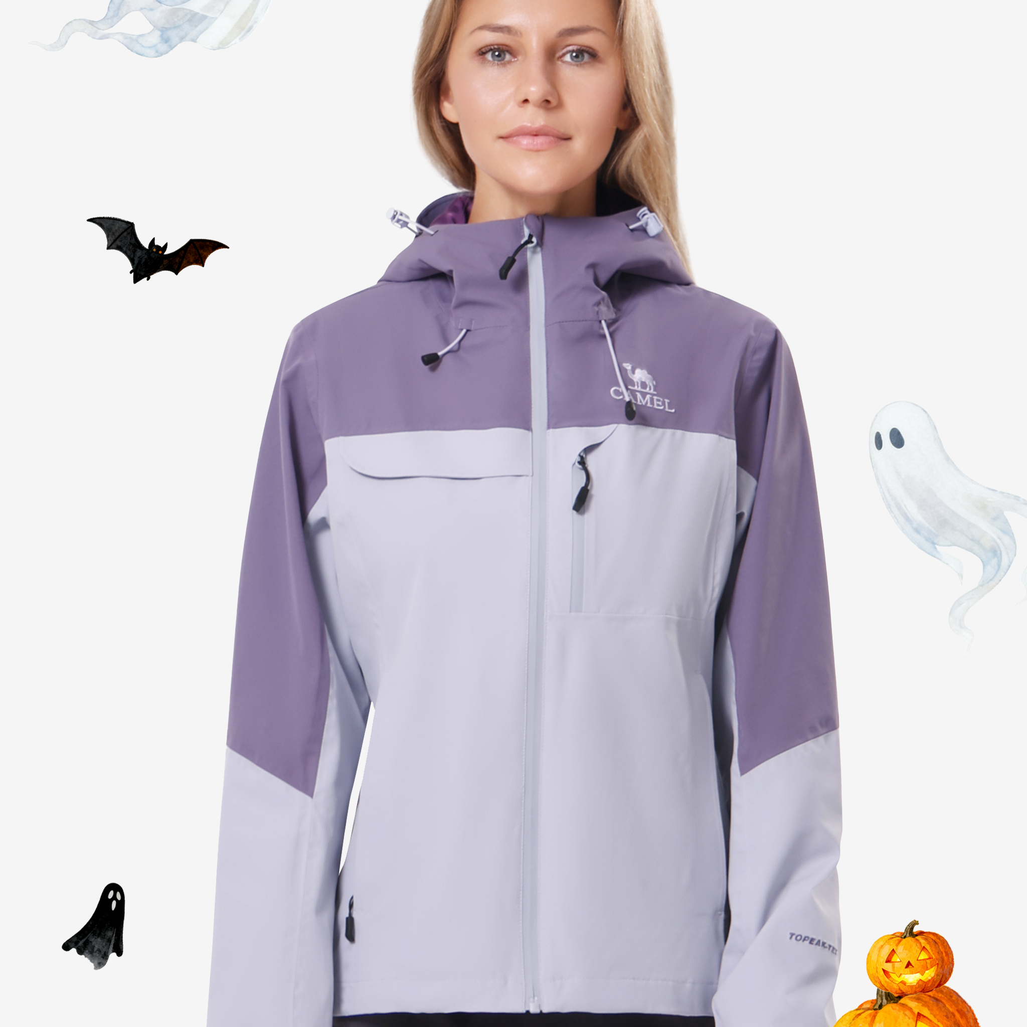 Front view of Camel Women’s Interstellar Traverse TOPEAK-TEX® Shell Jacket, breathable 3-layer waterproof outdoor protection