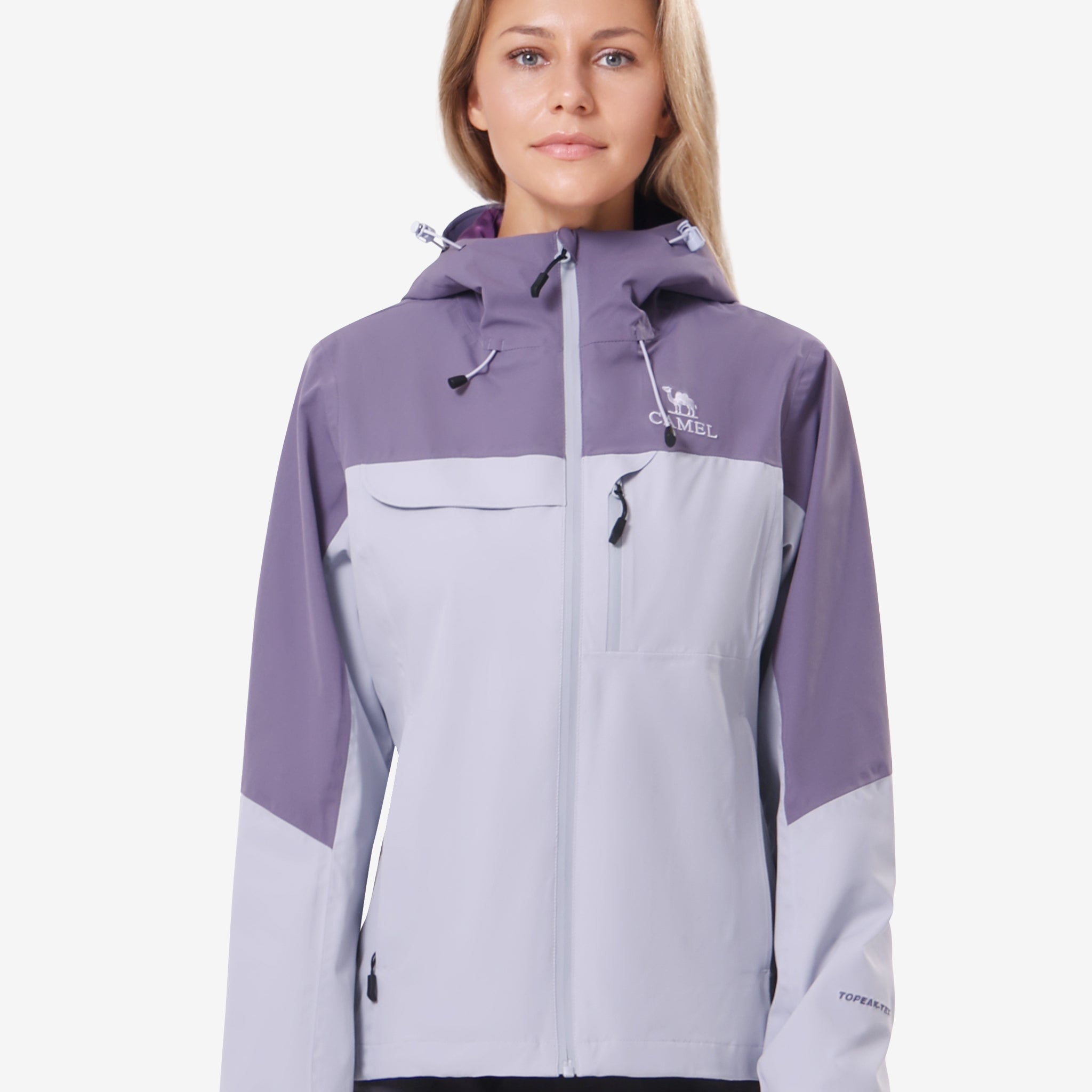 Front view of Camel Women’s Interstellar Traverse TOPEAK-TEX® Shell Jacket, breathable 3-layer waterproof outdoor protection