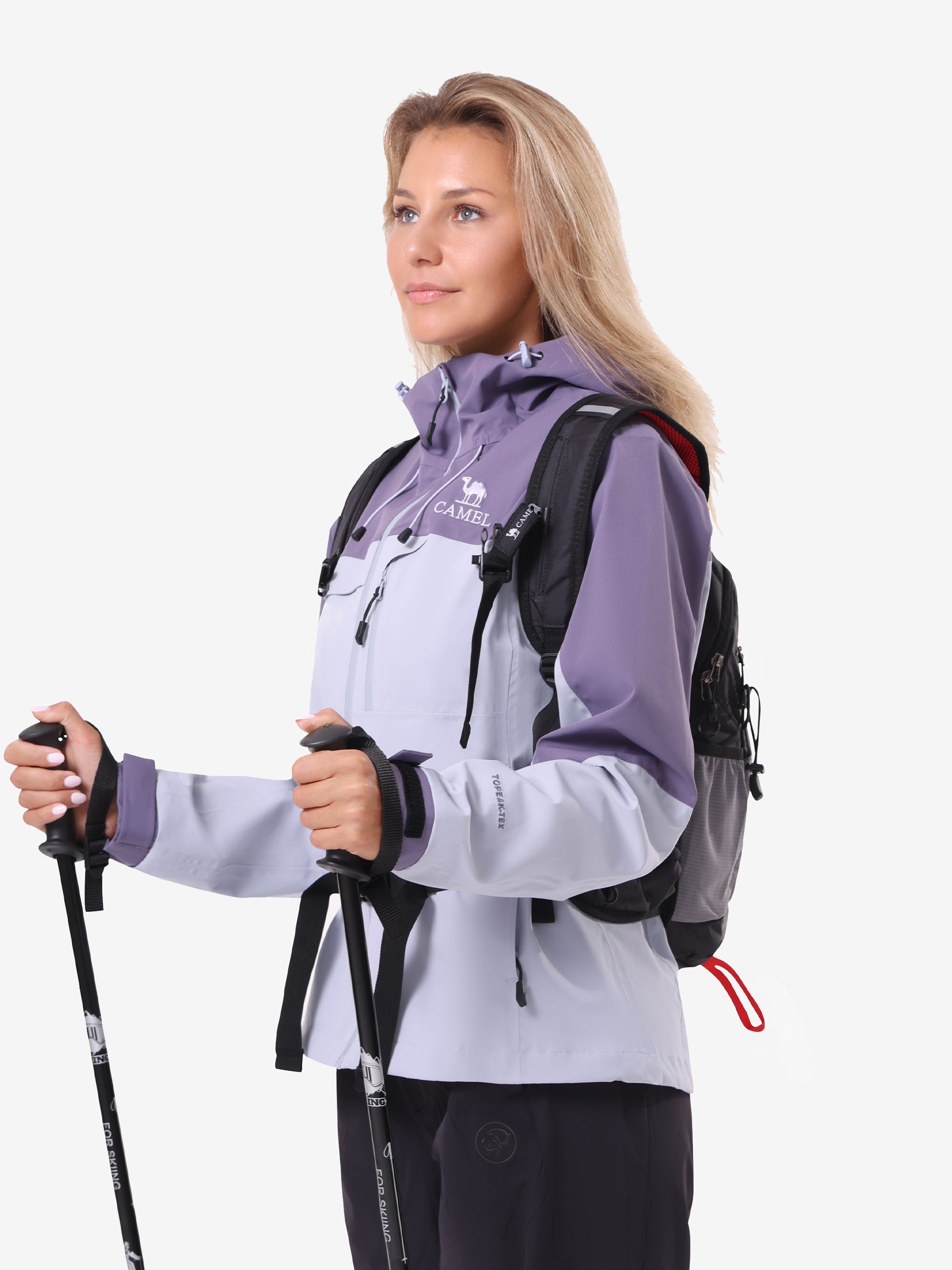 Side view of Camel Women’s Interstellar Traverse TOPEAK-TEX® Shell Jacket, breathable 3-layer waterproof outdoor protection