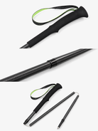 Close-up details of the Matte Black 3K carbon fiber folding trekking pole grip, wrist strap, and pole shaft