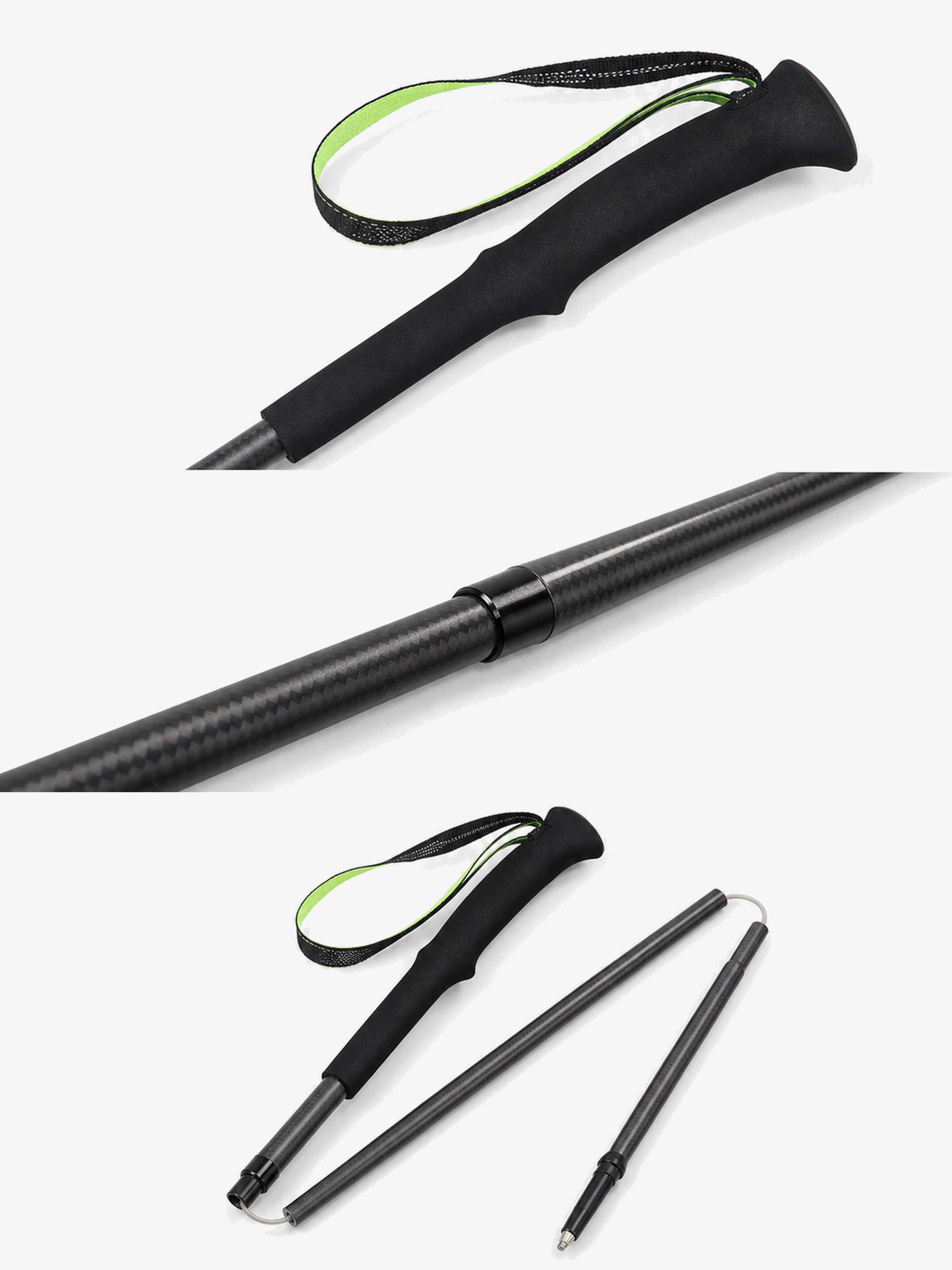 Close-up details of the Matte Black 3K carbon fiber folding trekking pole grip, wrist strap, and pole shaft
