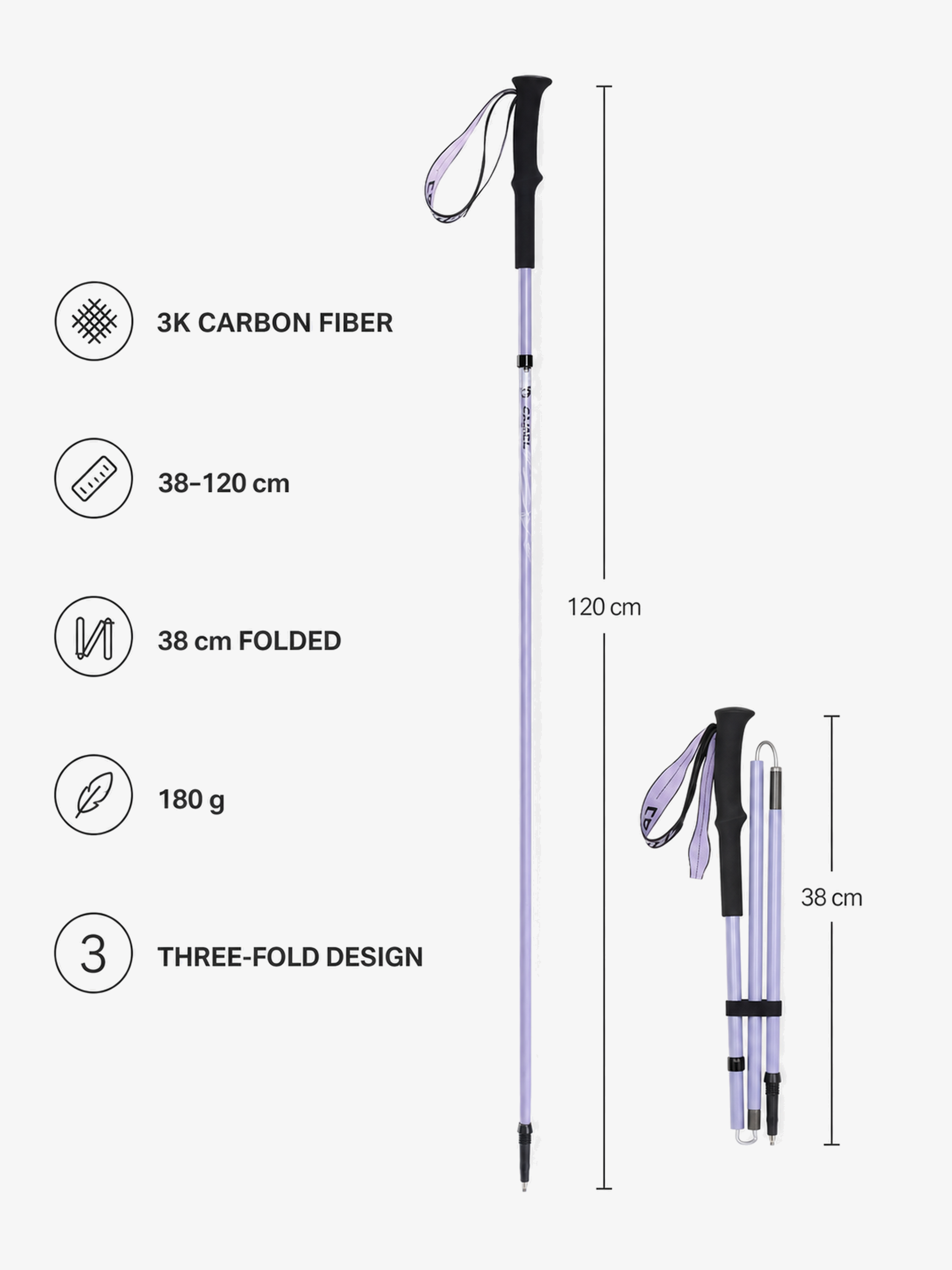 Violet trekking pole specifications: 3K carbon fiber, 38-120 cm adjustable length, 38 cm folded, 180 g, three-fold design