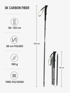Matte Black trekking pole specifications: 3K carbon fiber, 38-120 cm adjustable length, 38 cm folded, 180 g, three-fold design