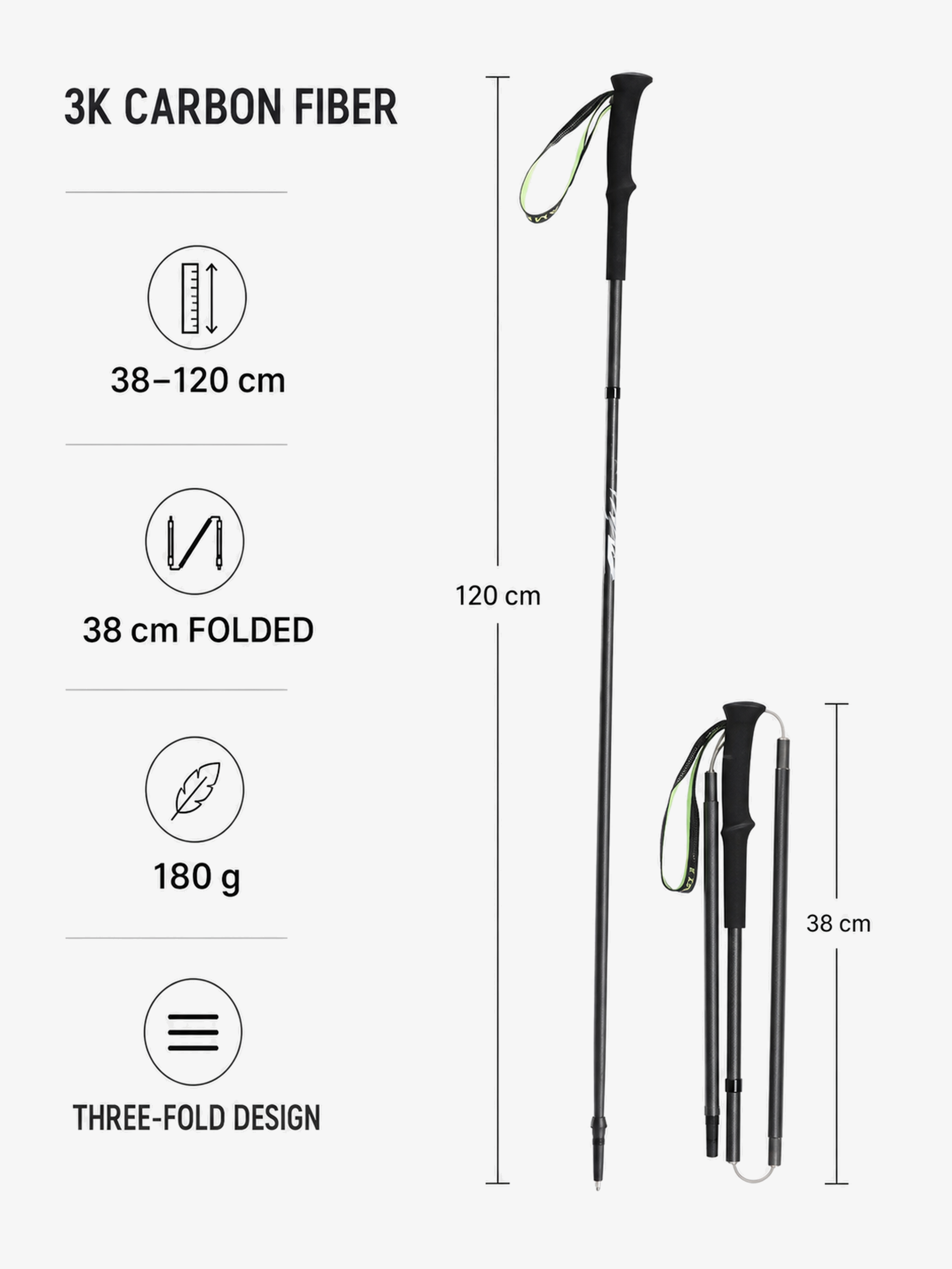 Matte Black trekking pole specifications: 3K carbon fiber, 38-120 cm adjustable length, 38 cm folded, 180 g, three-fold design