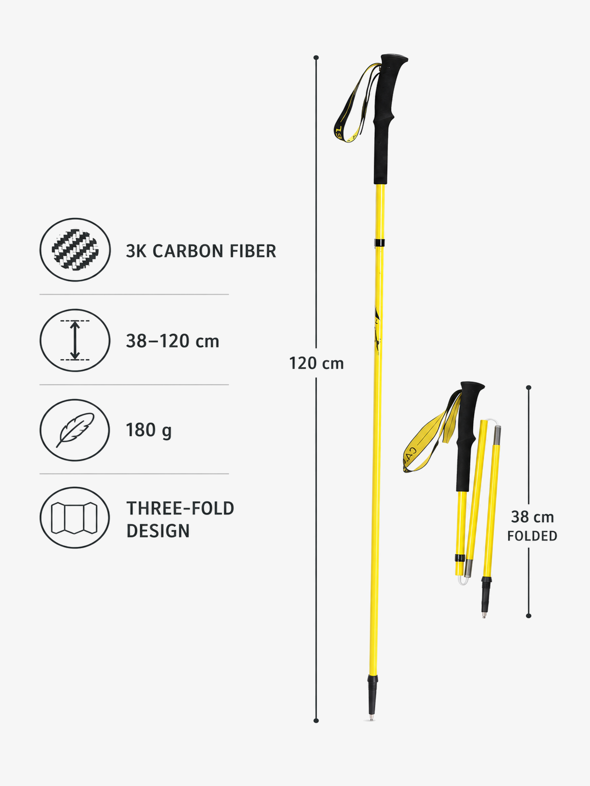 Active Yellow trekking pole specifications: 3K carbon fiber, 38-120 cm adjustable length, 38 cm folded, 180 g, three-fold design