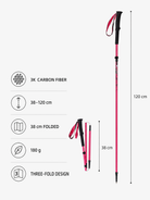 Pink trekking pole specifications: 3K carbon fiber, 38-120 cm adjustable length, 38 cm folded, 180 g, three-fold design