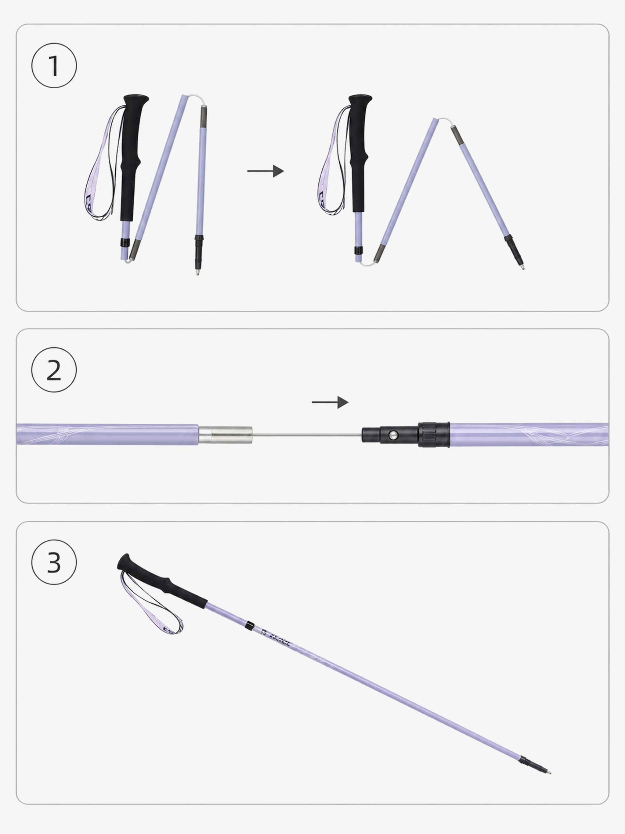 Folding and setup instructions for the Violet CAMEL 3K carbon fiber trekking pole