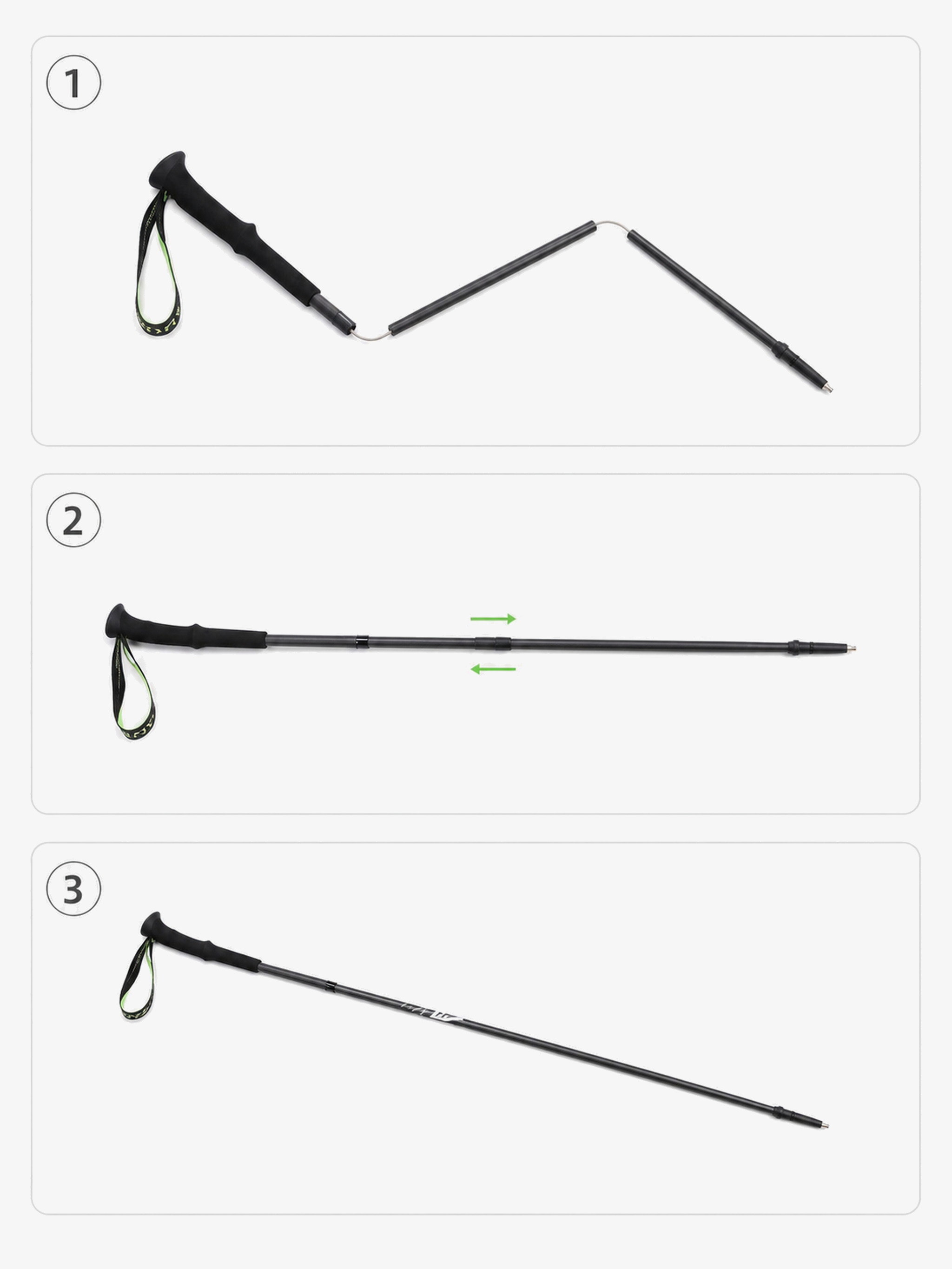 Folding and setup instructions for the Matte Black CAMEL 3K carbon fiber trekking pole