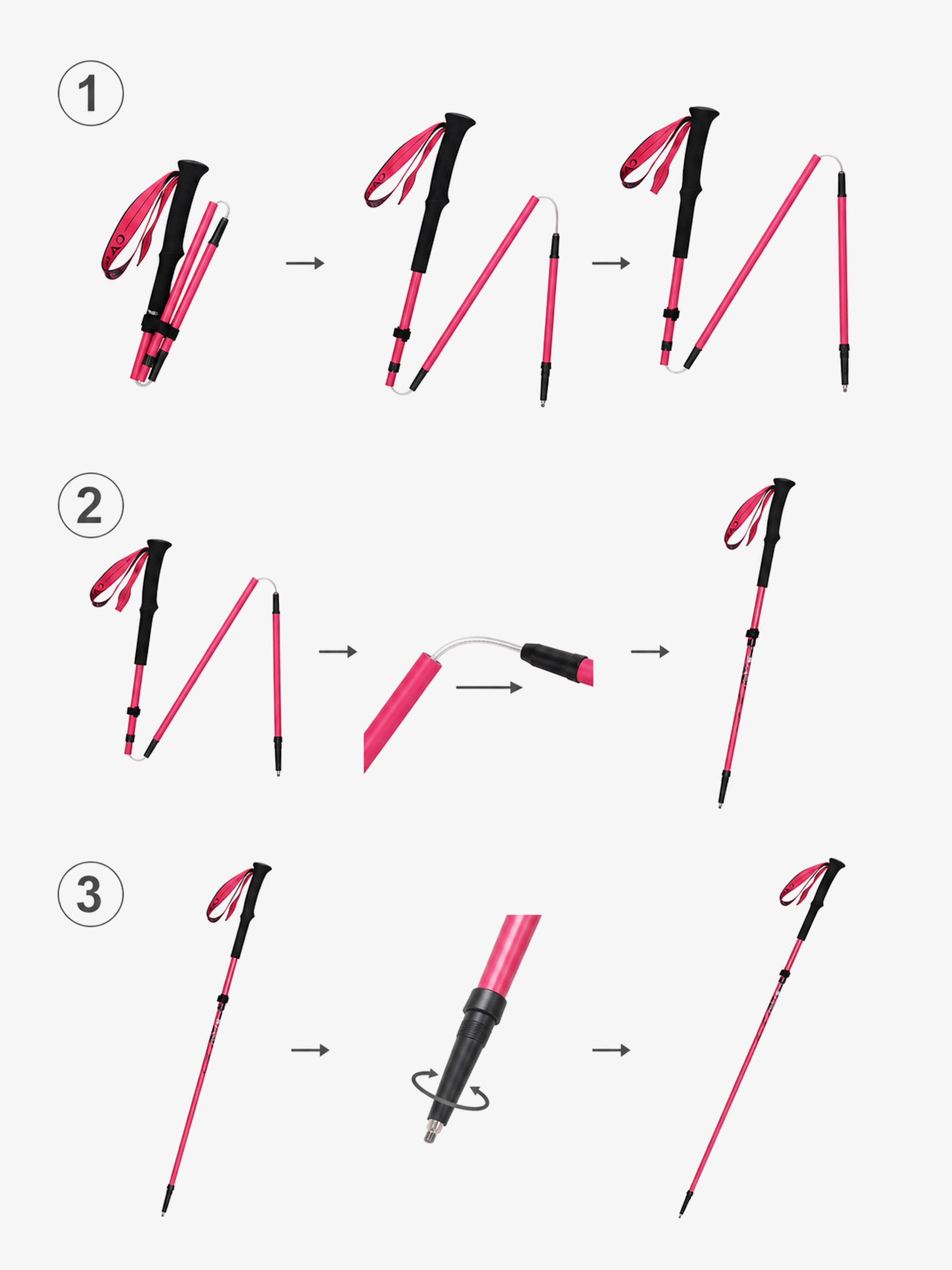Folding and setup instructions for the Pink CAMEL 3K carbon fiber trekking pole