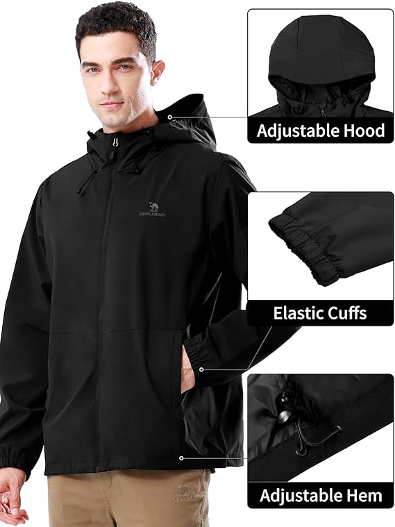 CAMELSPORTS Men Waterproof Softshell Jacket Windbreaker Hooded lightweight Rain Coat for Outdoor Hiking