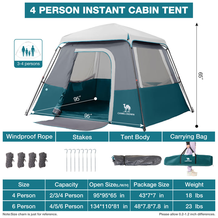 CAMEL CROWN Cabin Tent with 1-Minute Setup, 4/6 Person Instant Tent with Weatherproof Floor