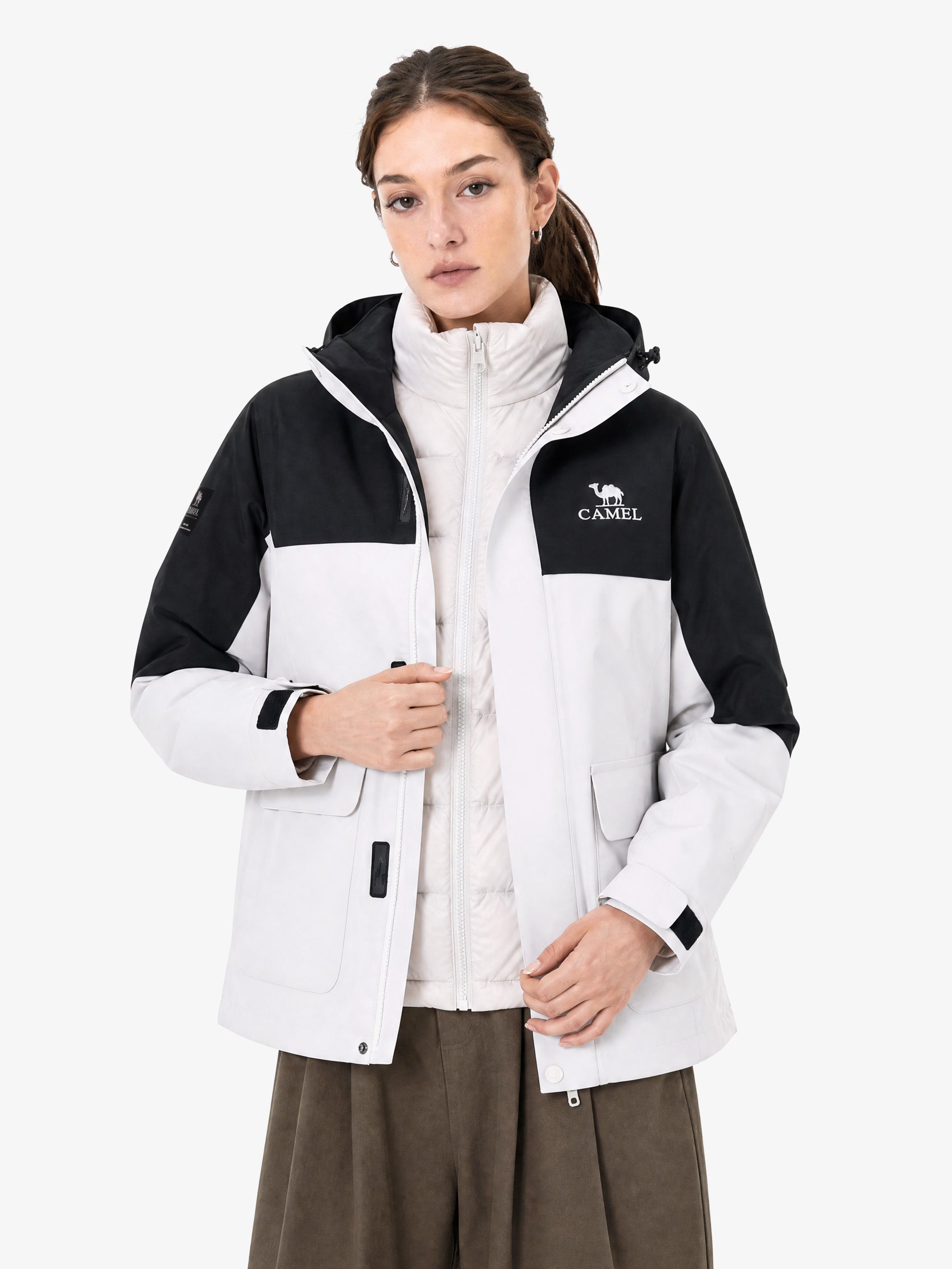 CAMEL Women's 3-in-1 Shell Jacket with Down Liner - A26CA6B050Y-bai+hei-6