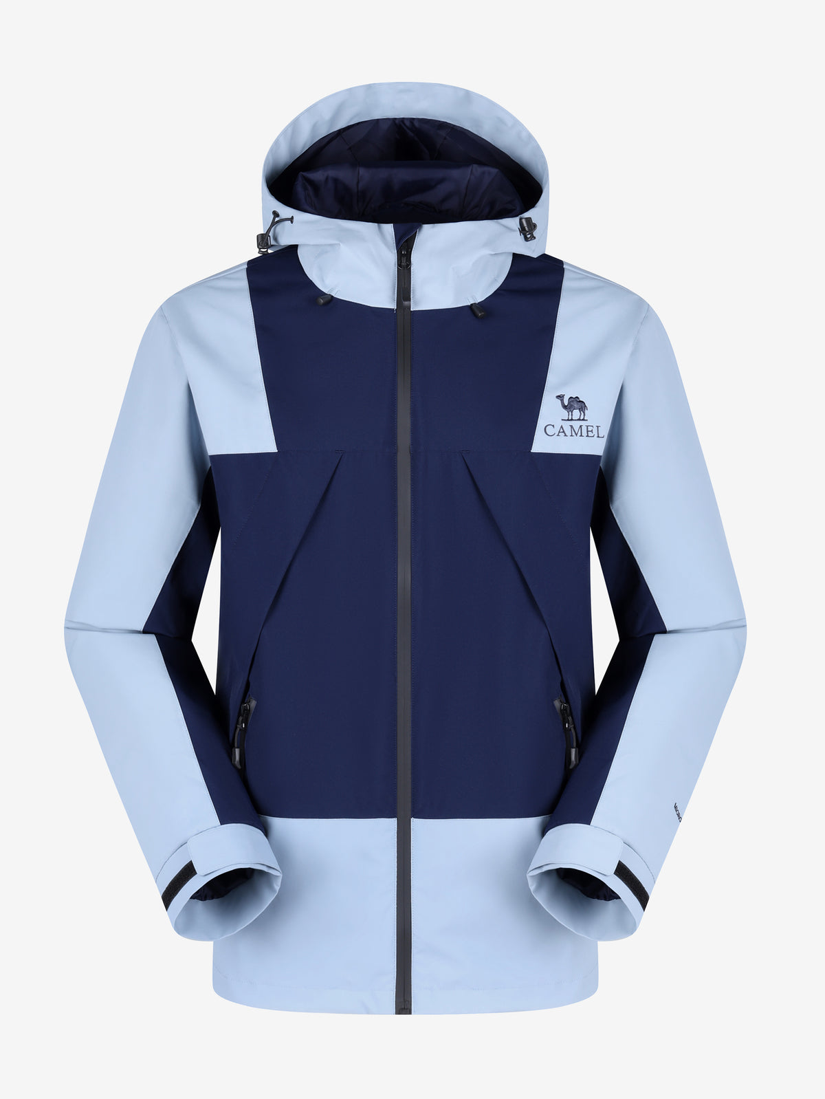 Blue and navy hood and upper jacket detail