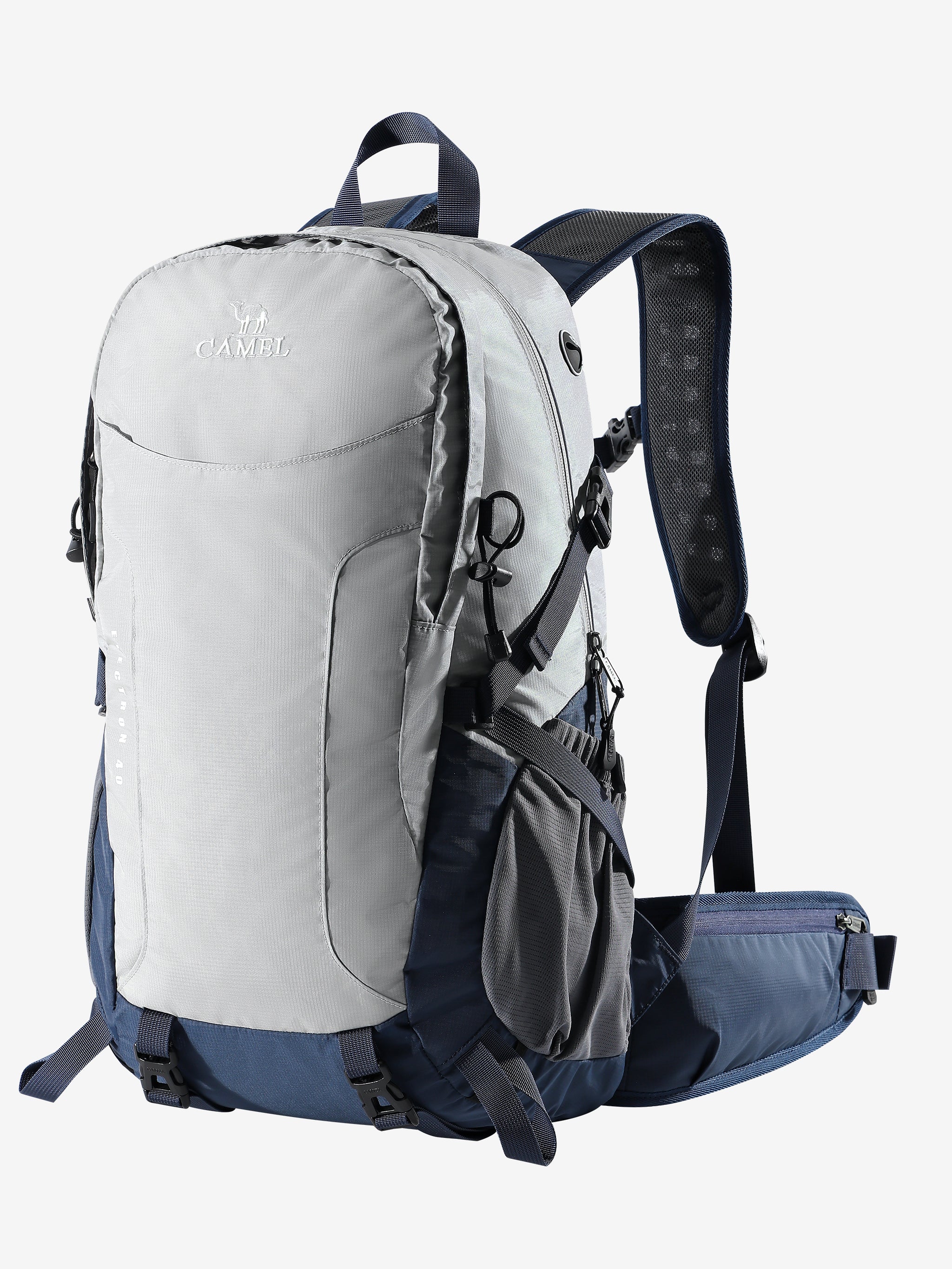 Camel 40L Lightweight Outdoor Backpack in gray color, designed for outdoor use with lightweight build and stable carry