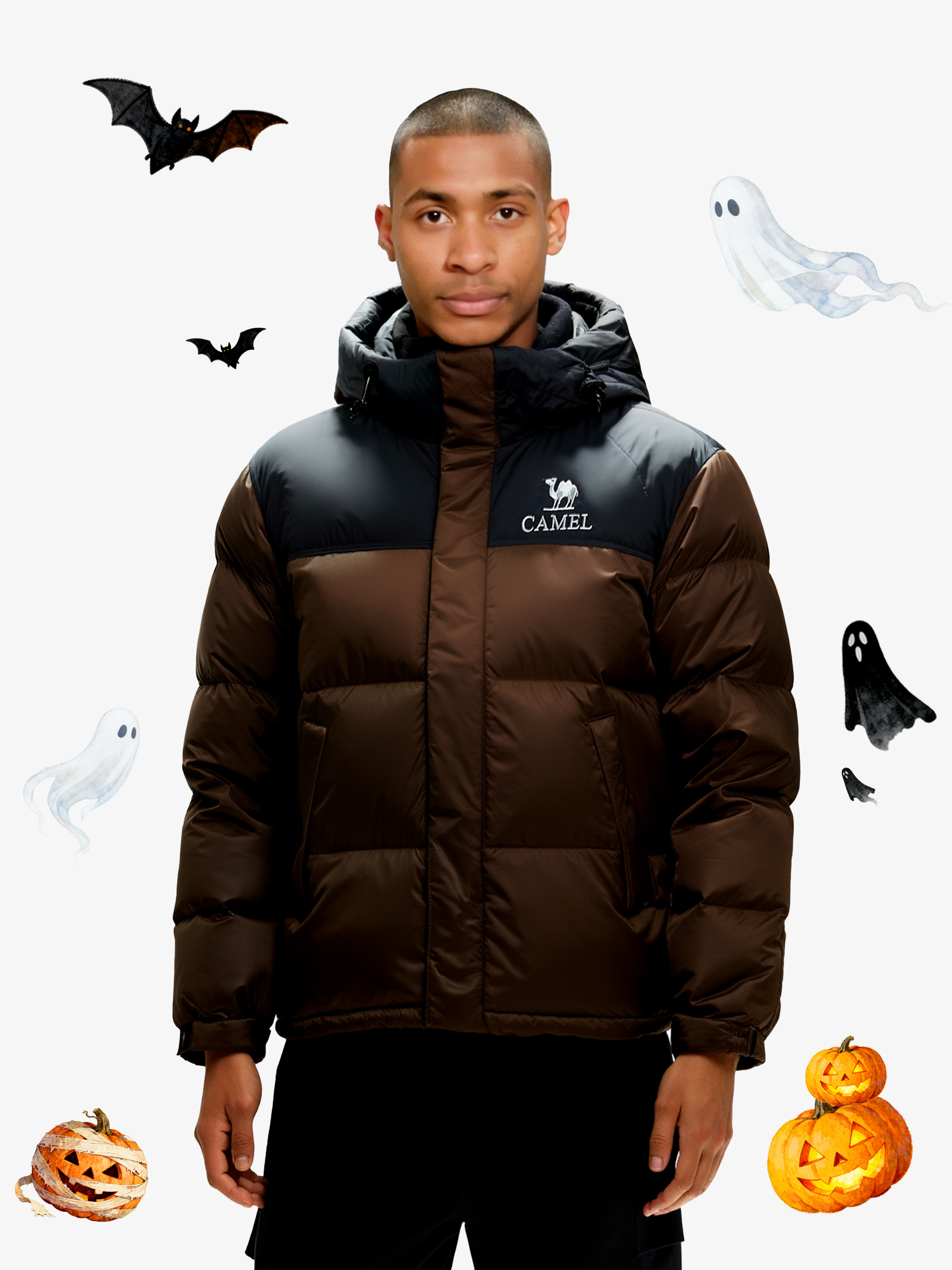 Front view of Camel Cordura® Paneled Puffer Down Jacket, 220g goose down, waterproof shell, heat-reflective lining for warmth