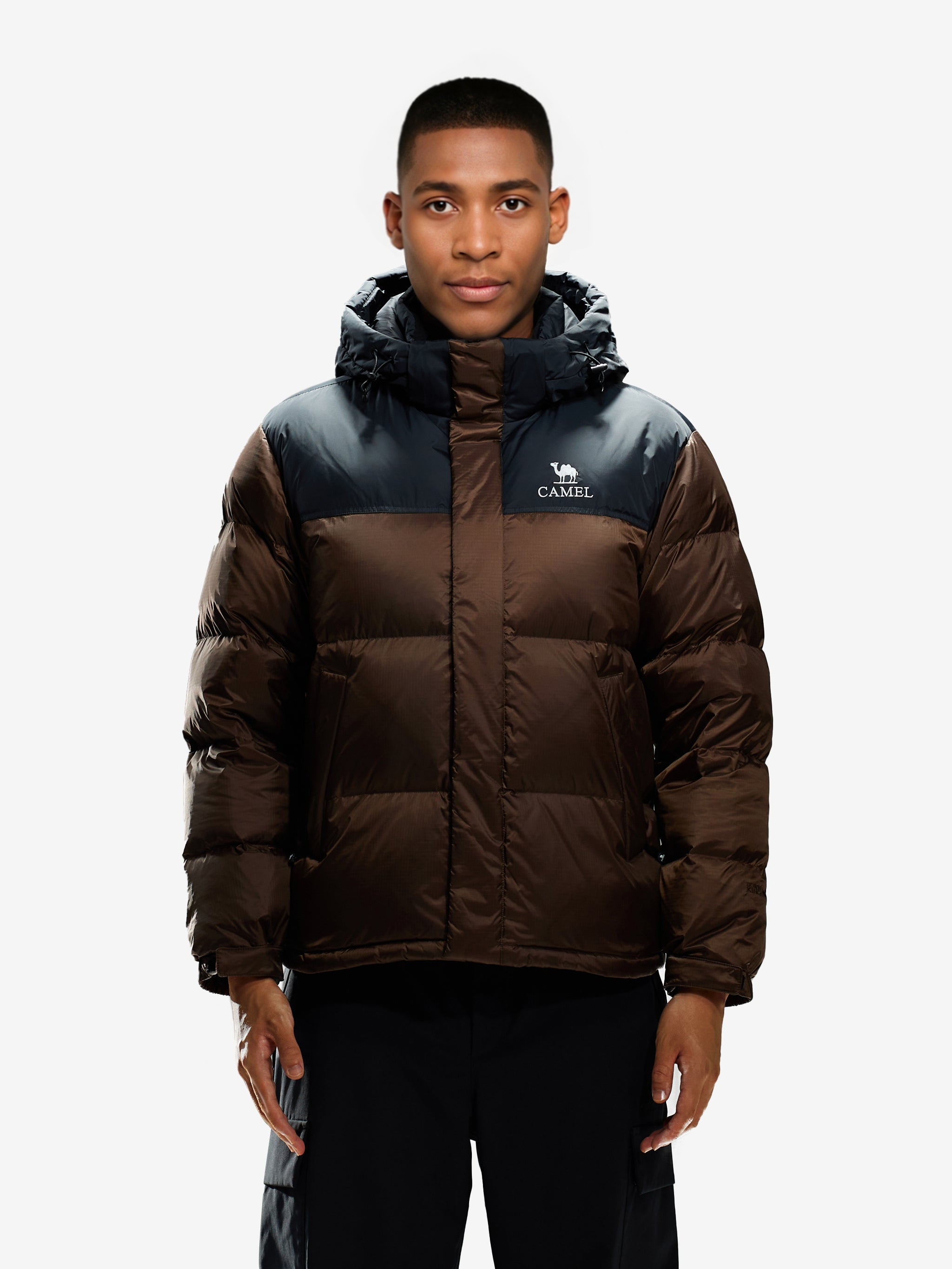 Front view of Camel Cordura® Paneled Puffer Down Jacket, 220g goose down, waterproof shell, heat-reflective lining for warmth