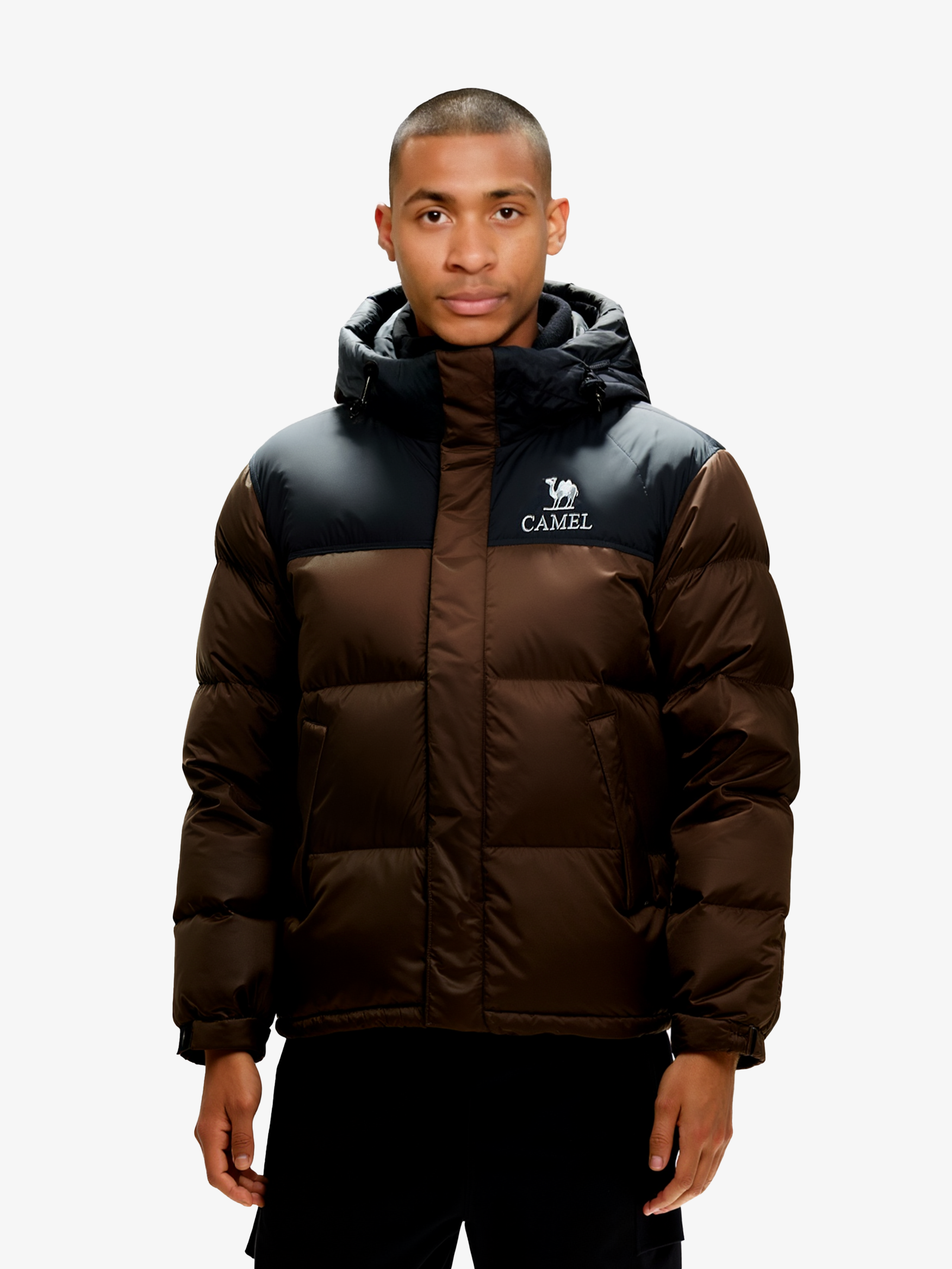 Front view of Camel Cordura® Paneled Puffer Down Jacket, 220g goose down, waterproof shell, heat-reflective lining for warmth