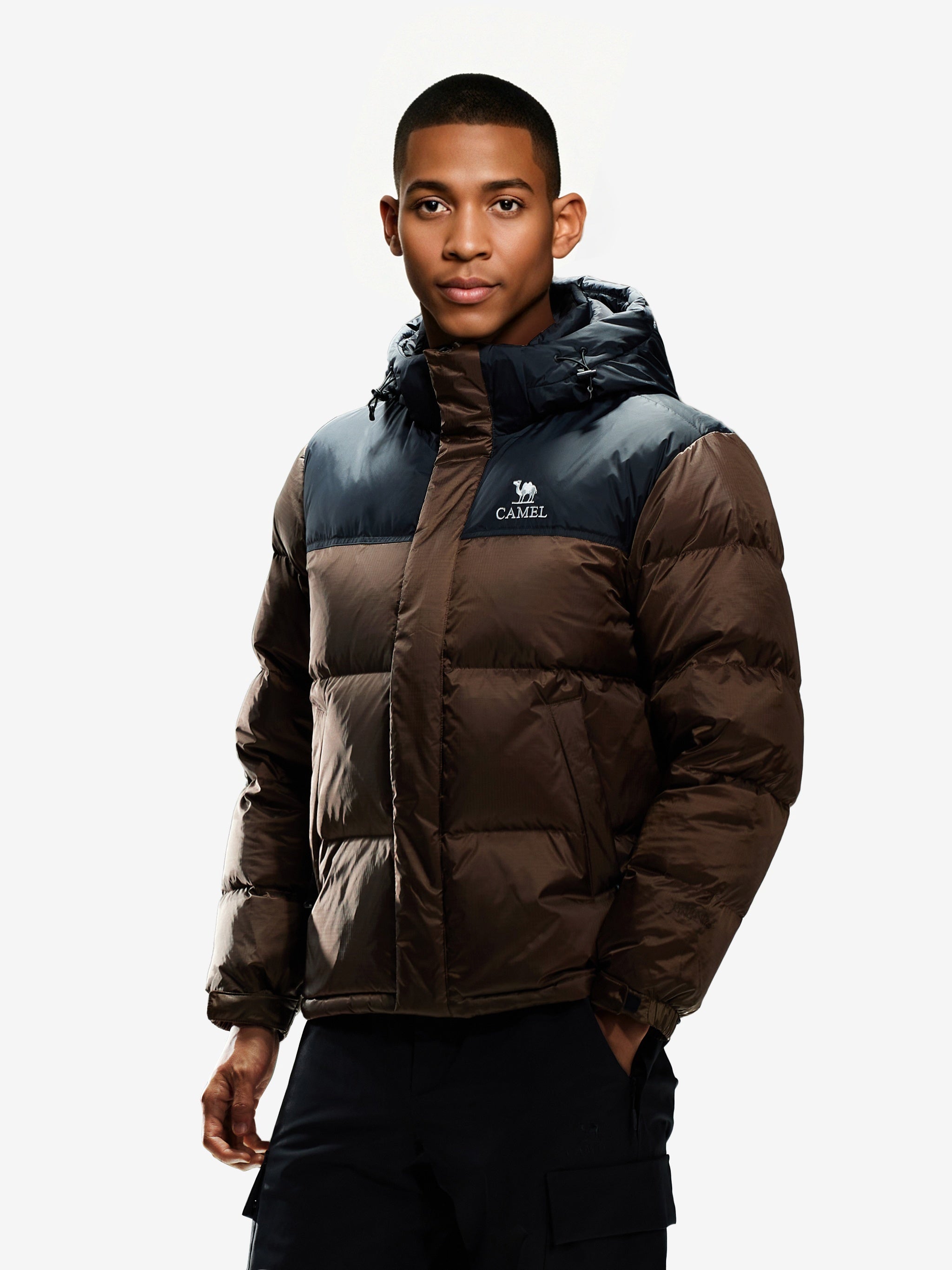 Side view of Camel Cordura® Paneled Puffer Down Jacket, 220g goose down, waterproof shell, heat-reflective lining for warmth