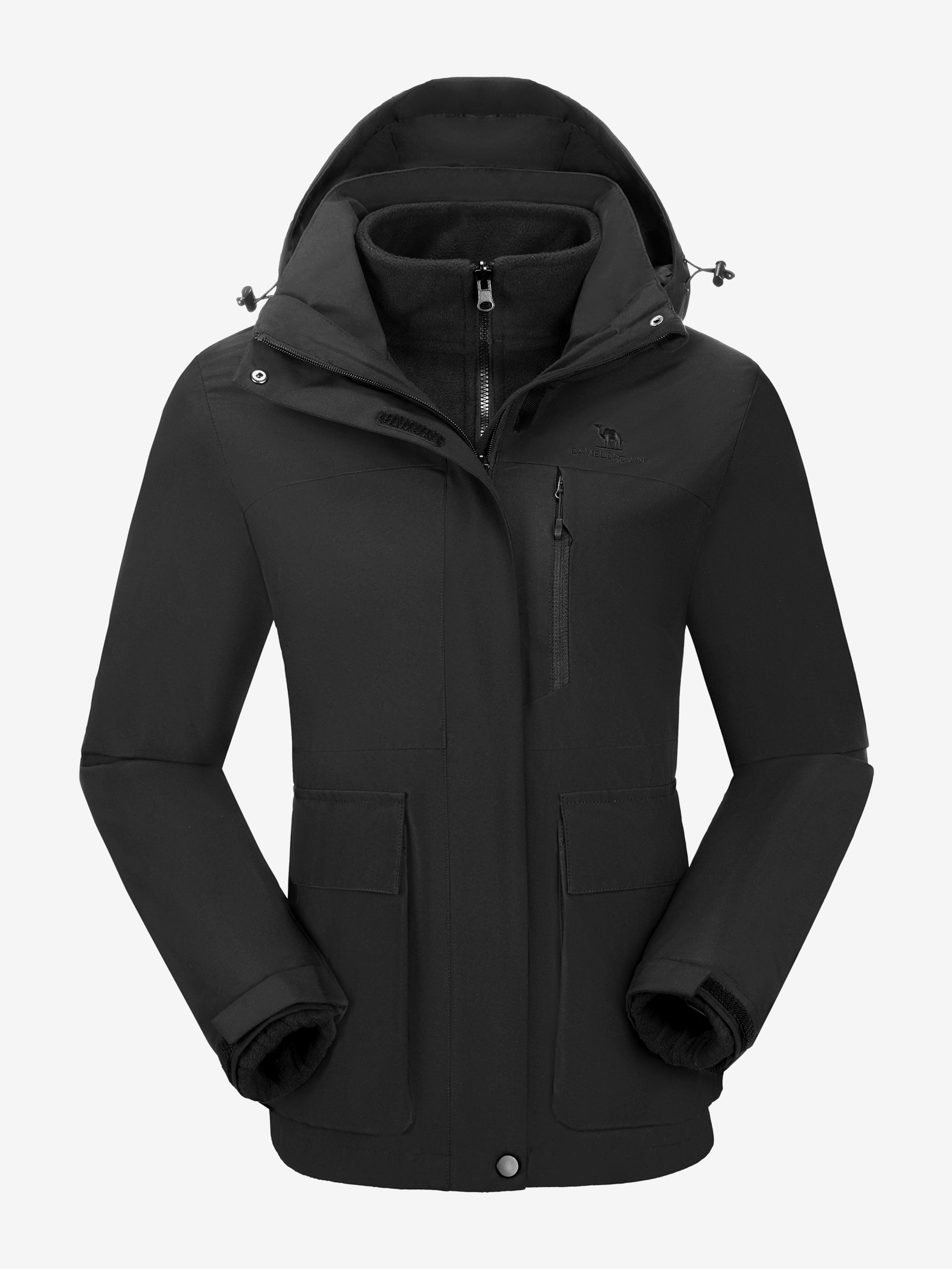 Camel Crown Women’s Arctic Sentinel 3-in-1 Jacket Multi Pockets in black color, warm fleece, adjustable fit outdoor design