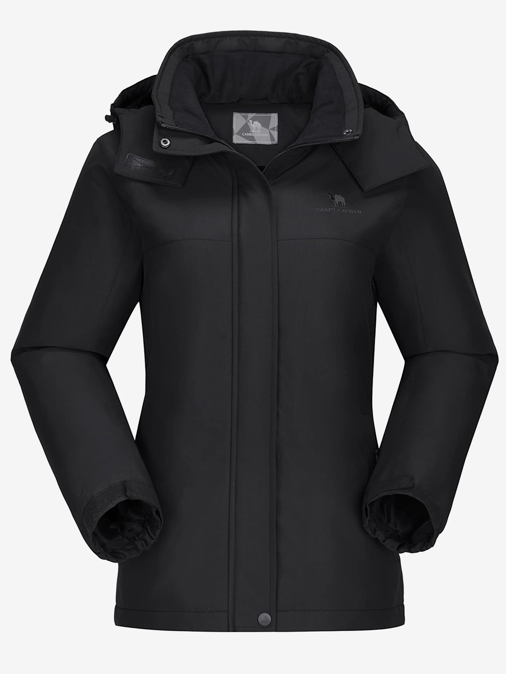 Camel Crown Women’s Urban Edge Fleece Jacket Detachable Hood in color black, warm fleece lining, windproof coverage.