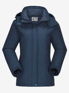 Camel Crown Women’s Urban Edge Fleece Jacket Detachable Hood in color blue, warm fleece lining, windproof coverage.