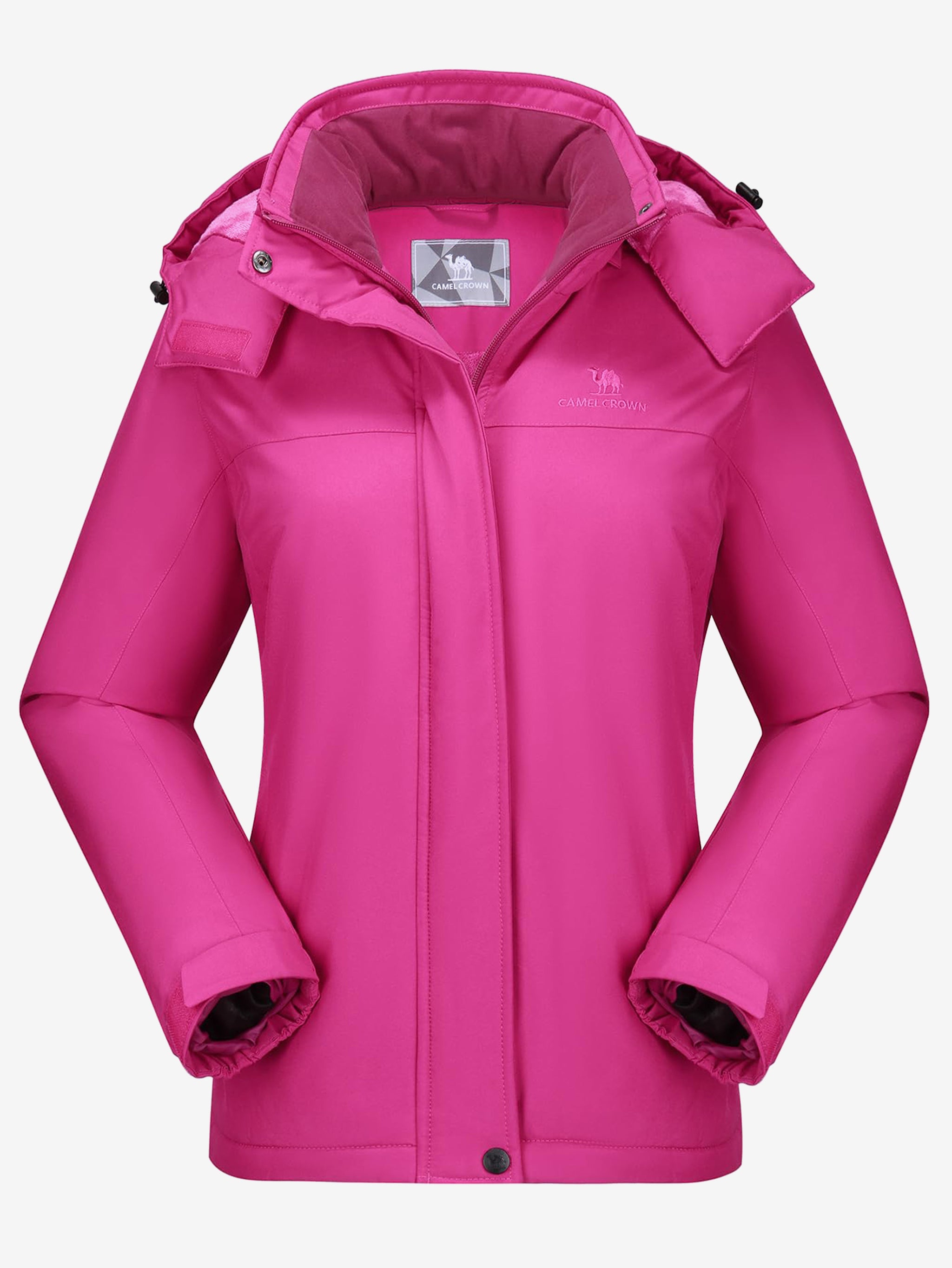 Camel Crown Women’s Urban Edge Fleece Jacket Detachable Hood in color pink, warm fleece lining, windproof coverage.