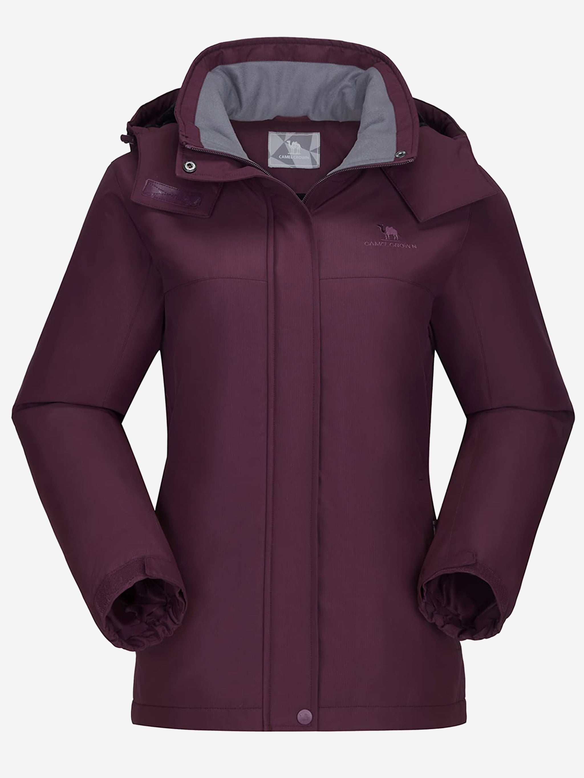 Camel Crown Women’s Urban Edge Fleece Jacket Detachable Hood in color wine red, warm fleece lining, windproof coverage.