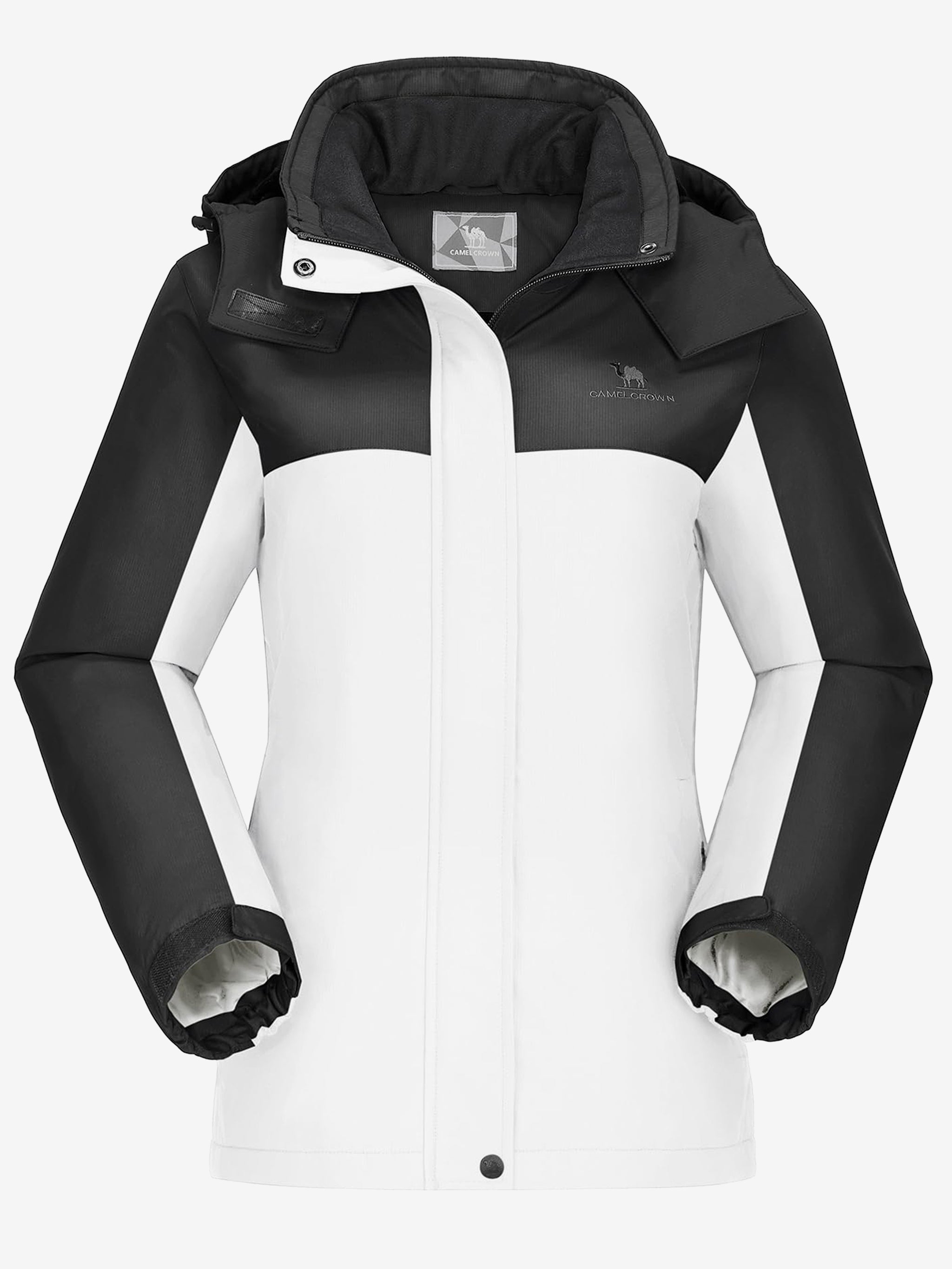 Camel Crown Women’s Urban Edge Fleece Jacket Detachable Hood in color white & black, warm fleece lining, windproof coverage.