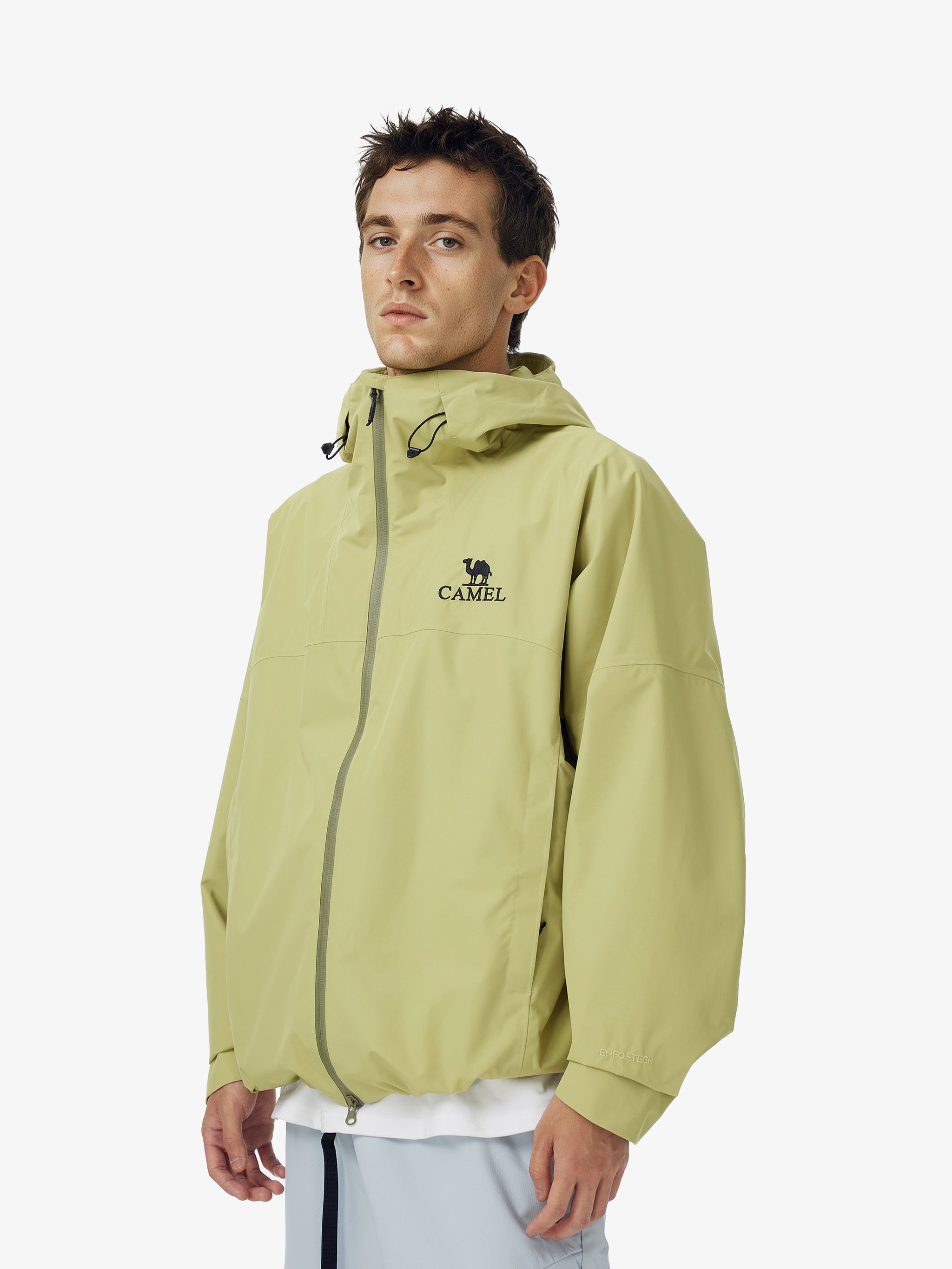 Front view of Camel Interstellar Traverse Lightweight Shell Rain Jacket with breathable 3D ergonomic cut and rainproof