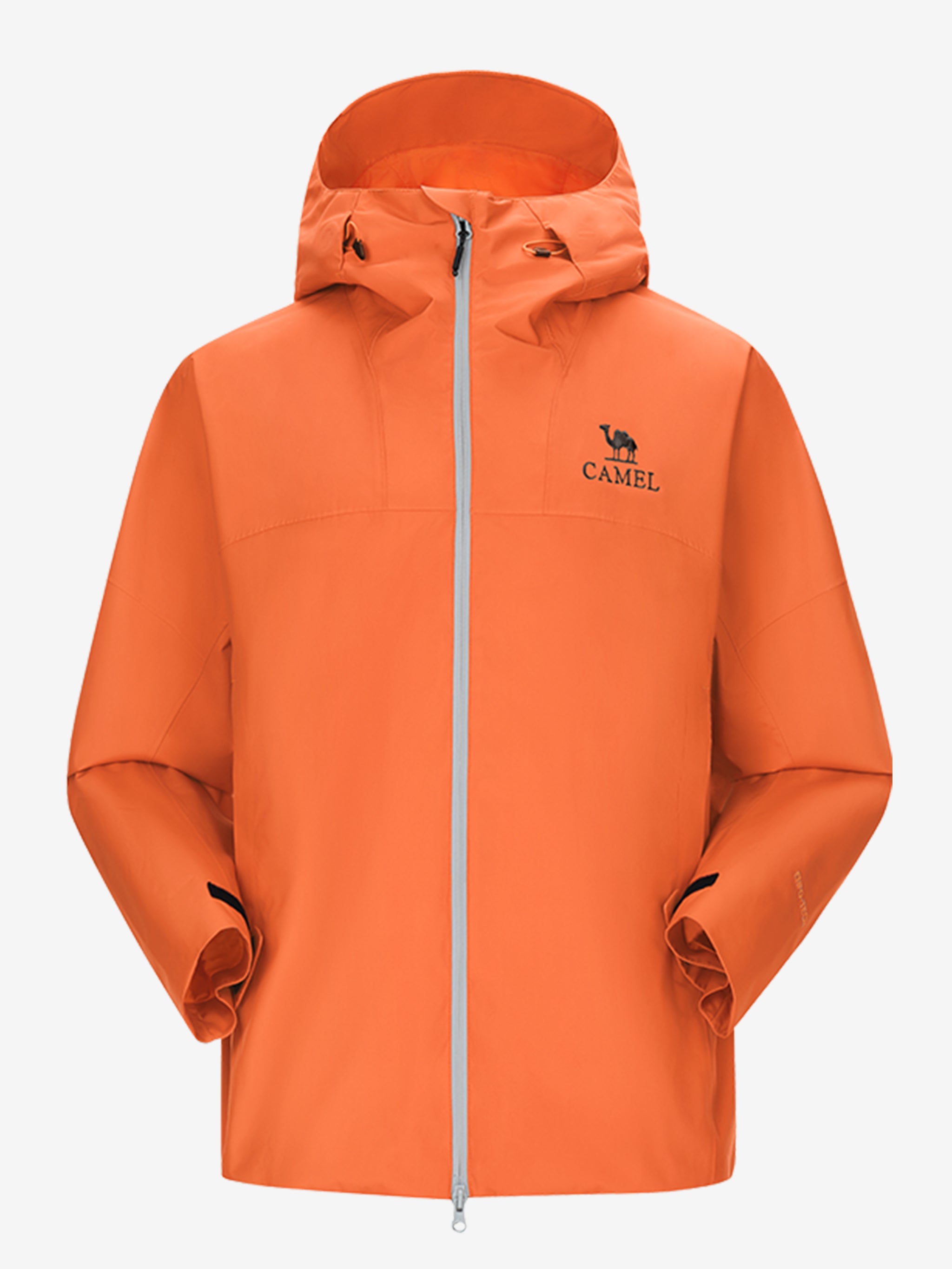 Camel Interstellar Traverse Lightweight Shell Rain Jacket in orange color, with breathable 3D ergonomic cut and rainproof