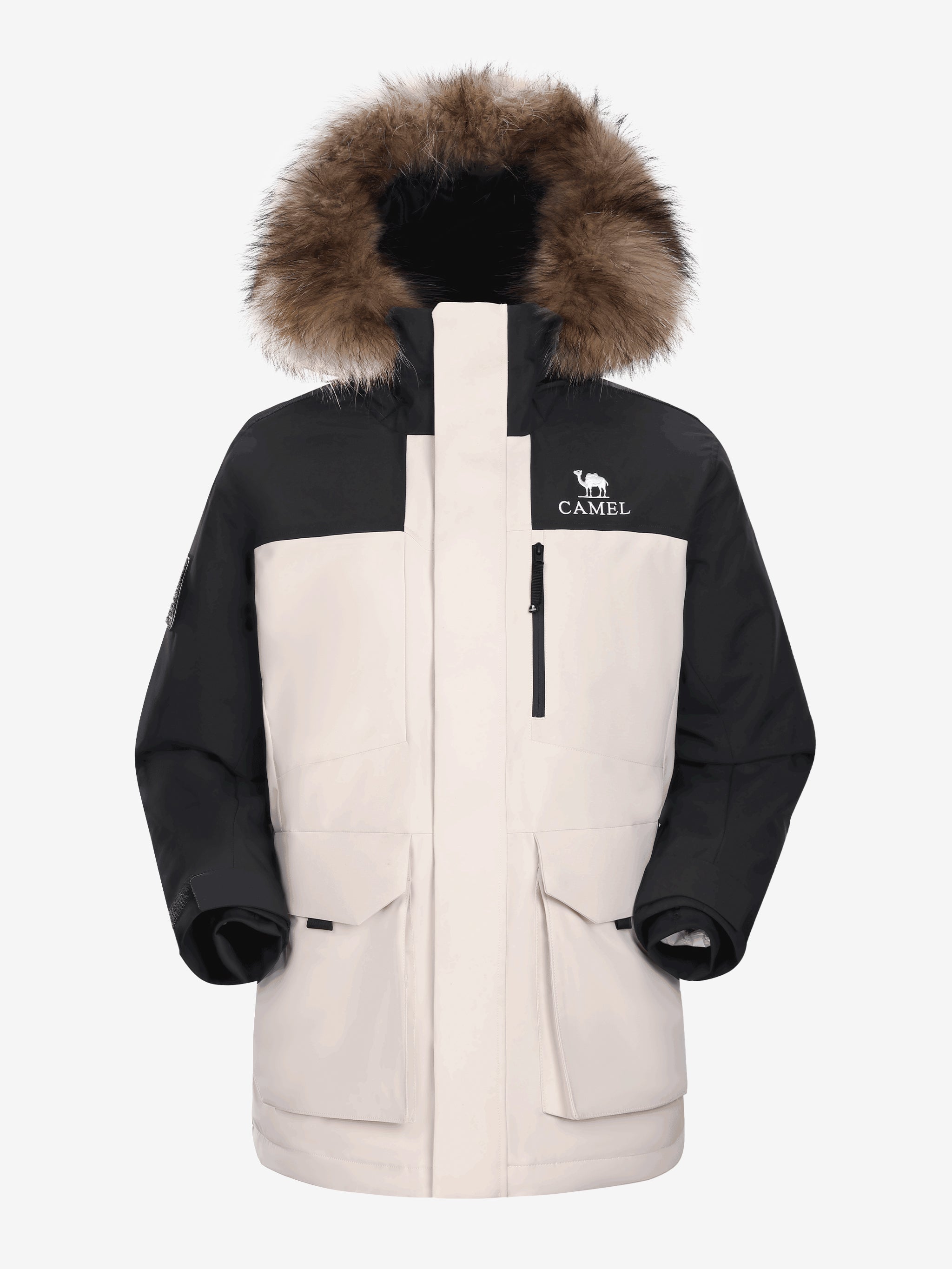 Camel Men’s ENFO-DWNTEK Down Jacket in white & black, 85% goose down 650FP winter coat with DWR down protection for outdoor