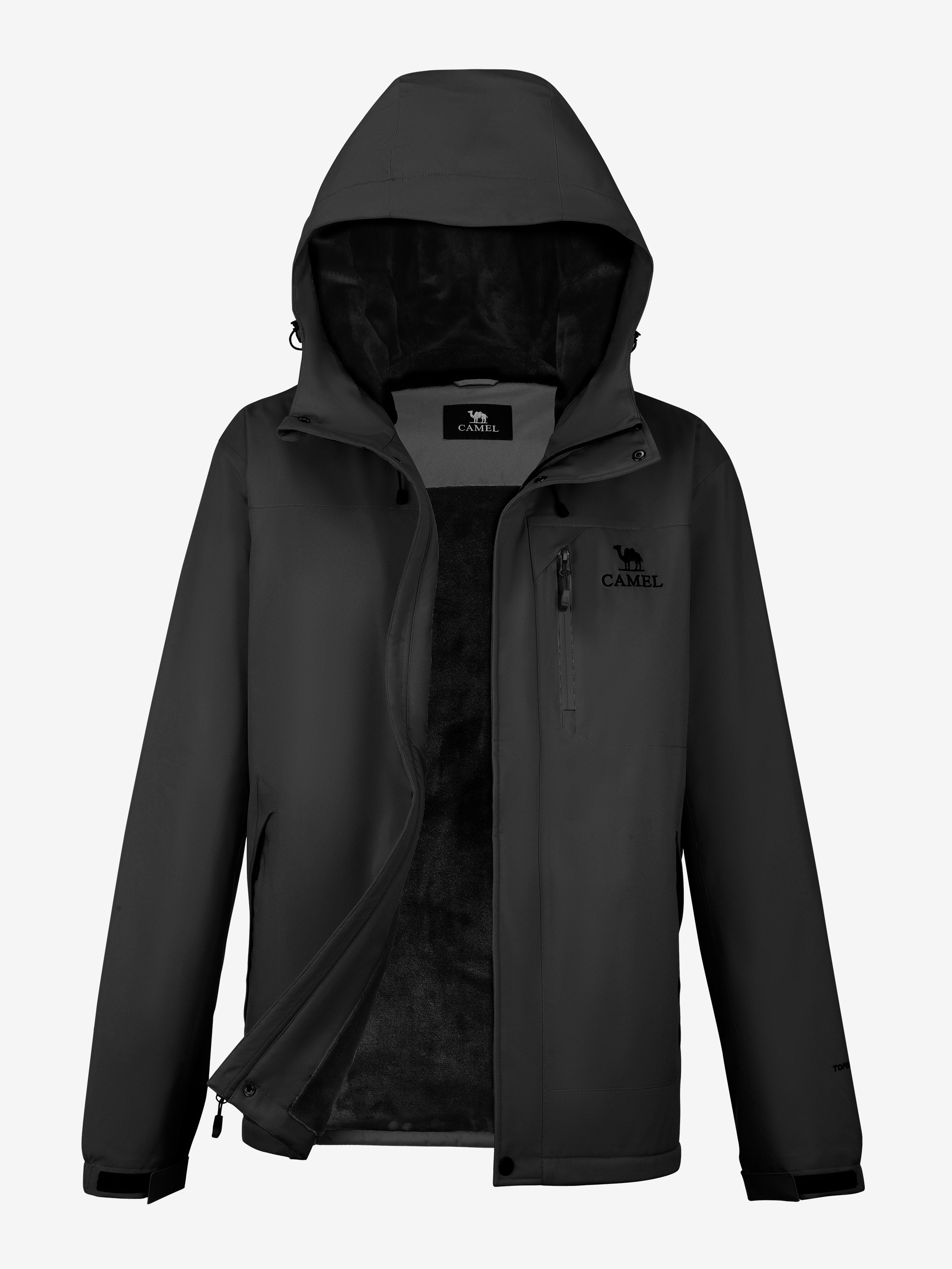 Camel Men’s Urban Edge TOPEAK-TEX® Insulated Jacket in black color, wool lining, and rugged build for winter adventures.